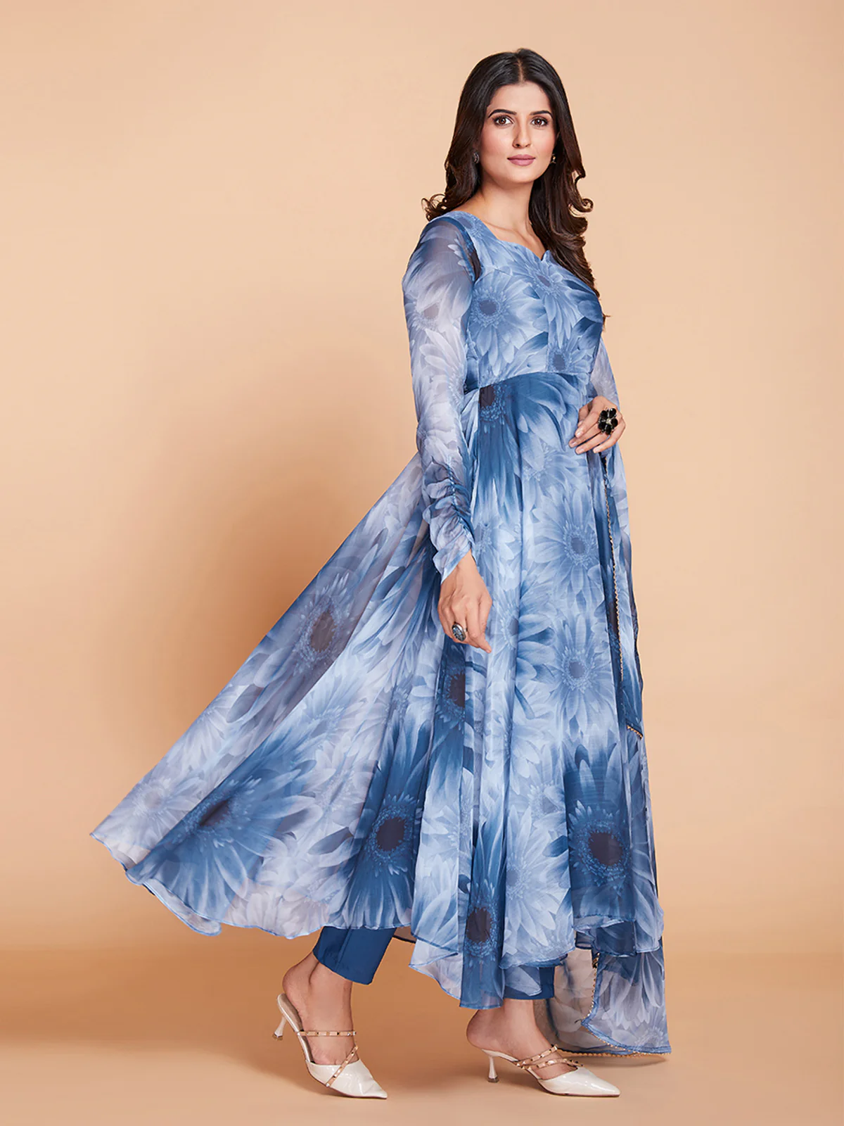 Odette Women Blue Faux Georgette Printed Stitched Kurta Set - Image 3