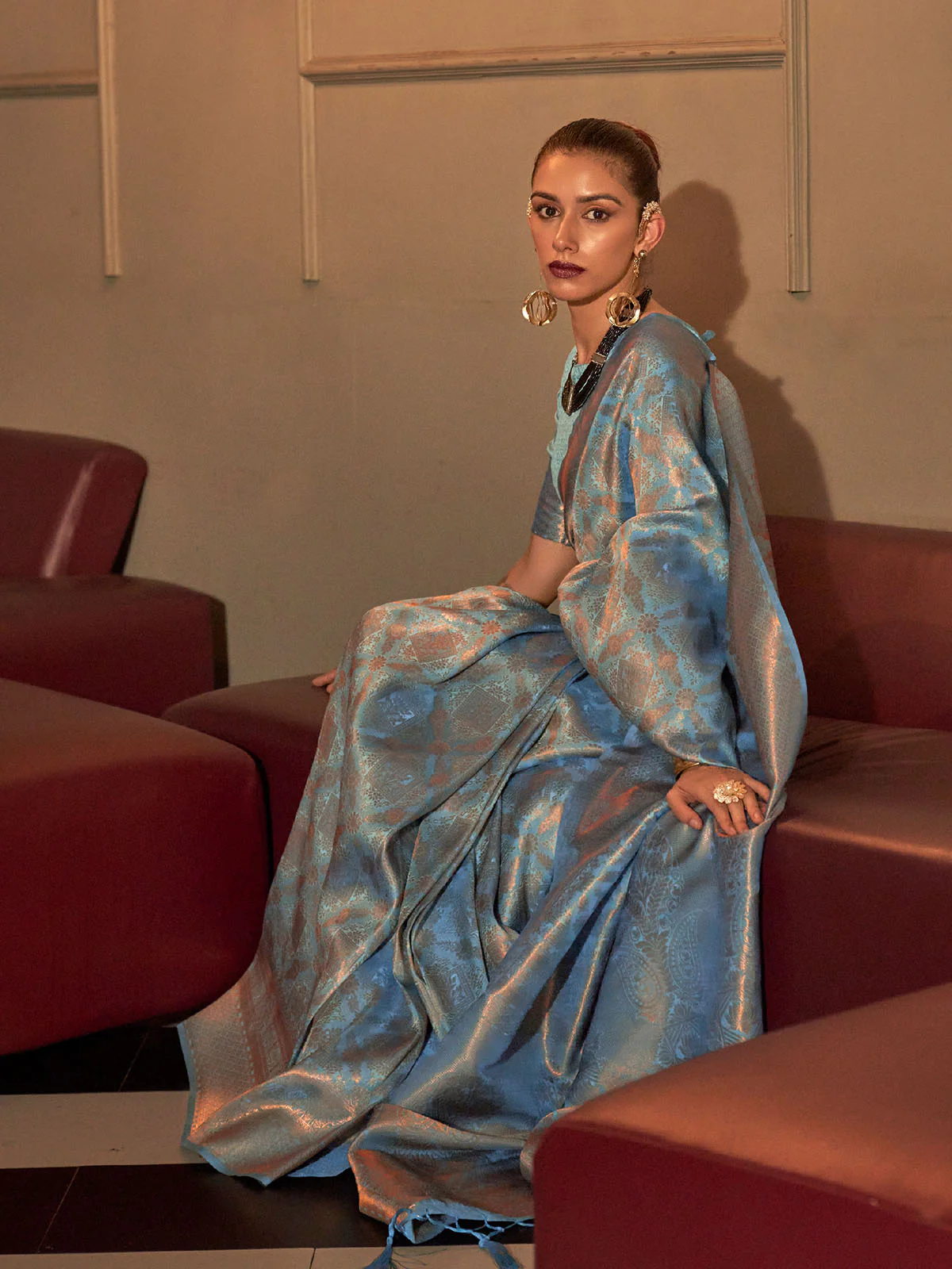 Odette Women Blue Festive Woven Silk Saree With Unstitched Blouse - Image 2