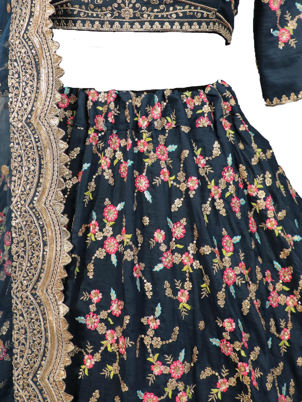 Odette Women Blue Floral Sassy Semi Stitched Lehenga With Unstitched Blouse - Image 4