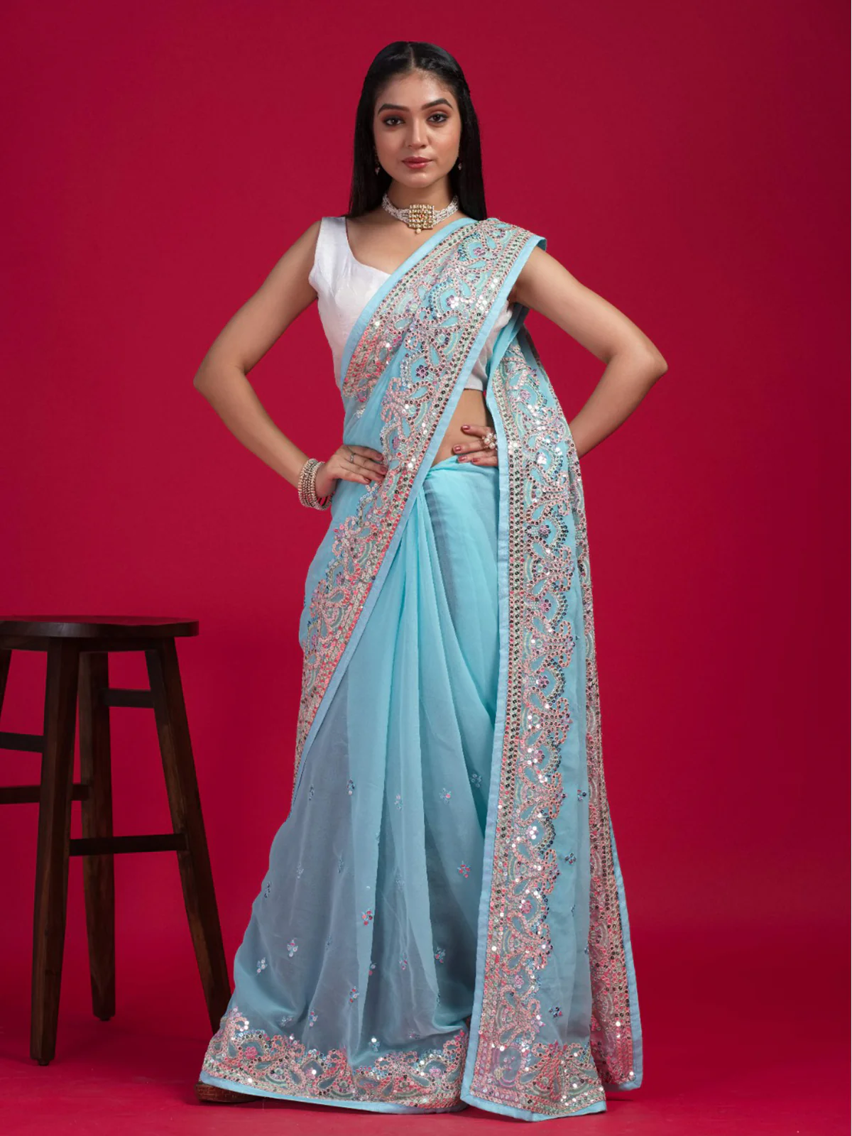 Odette Women Blue Georgette Embroidered Saree With Unstitched Blouse - Image 4