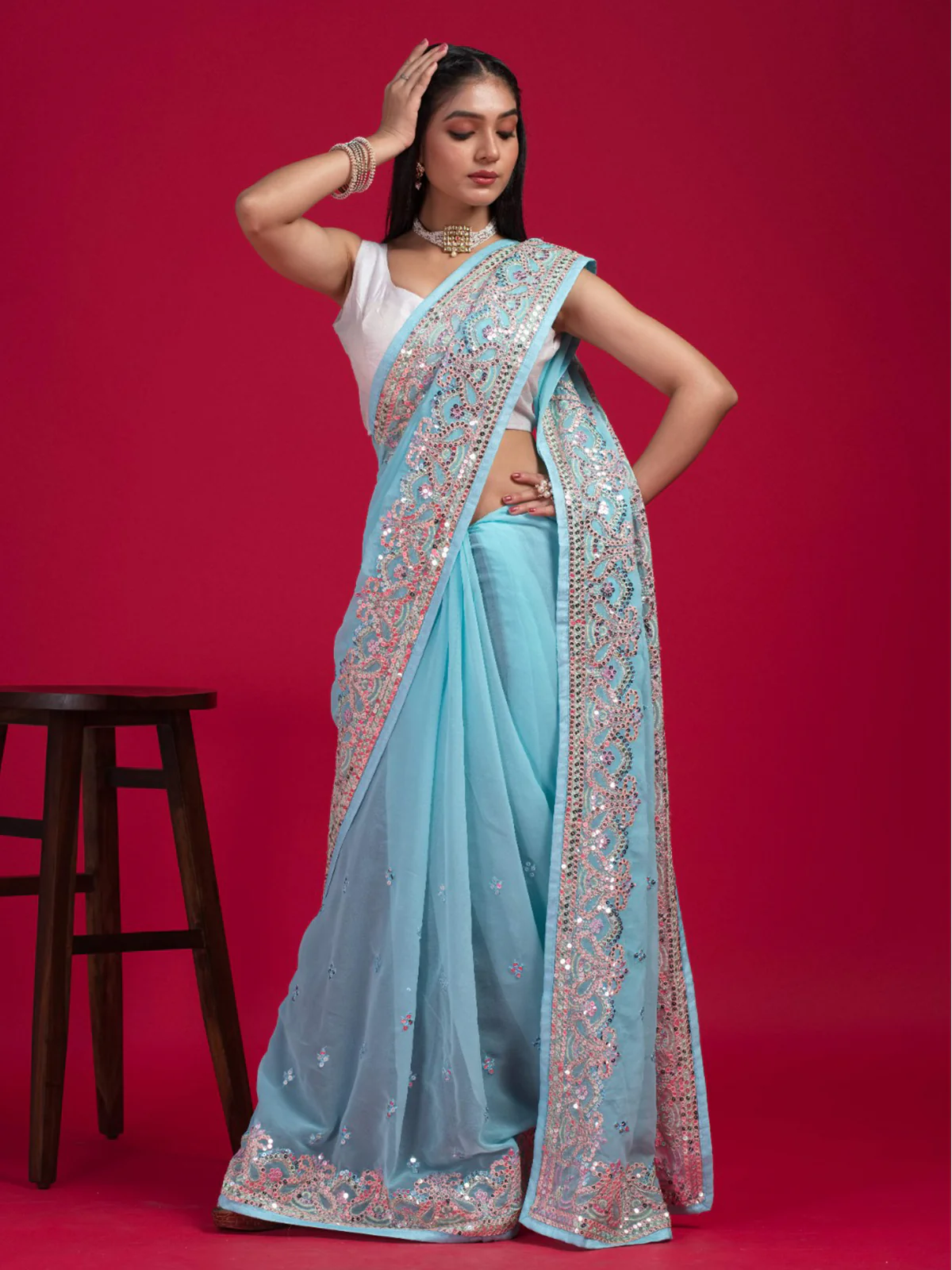 Odette Women Blue Georgette Embroidered Saree With Unstitched Blouse - Image 5