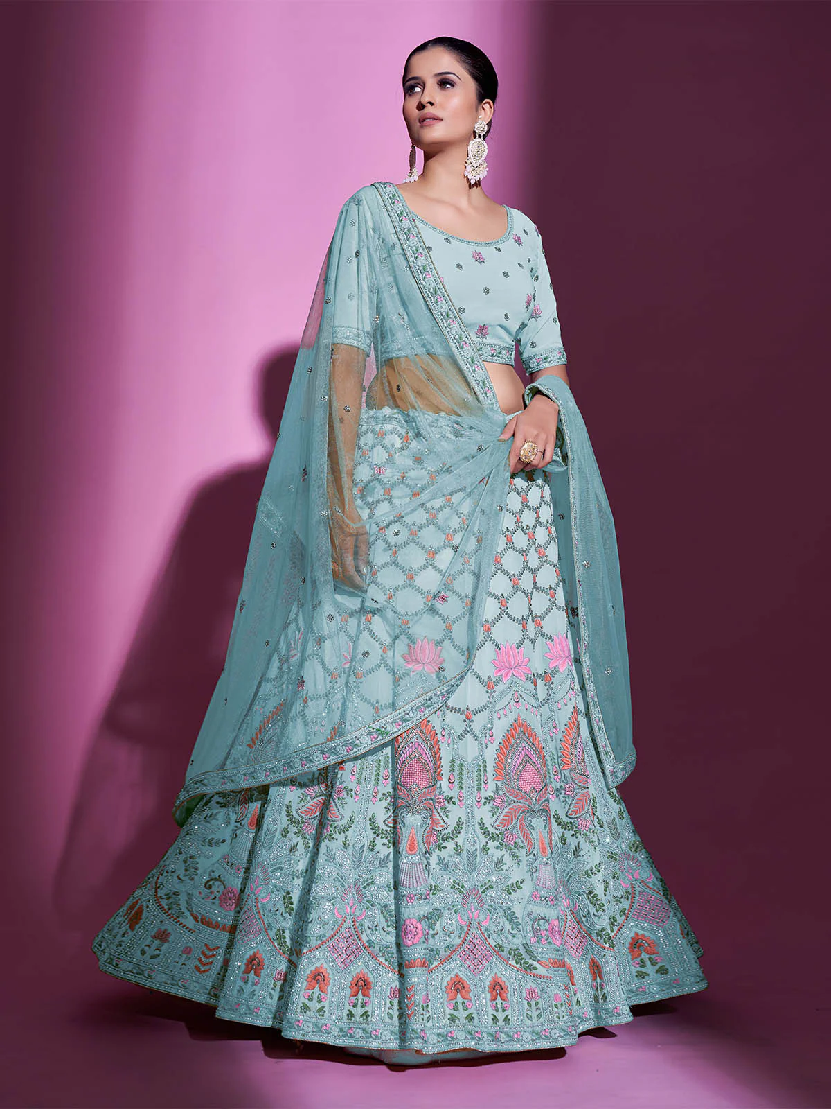Odette Women Blue Georgette Embroidered Semi Stitched Lehenga With Unstitched Blouse - Image 2