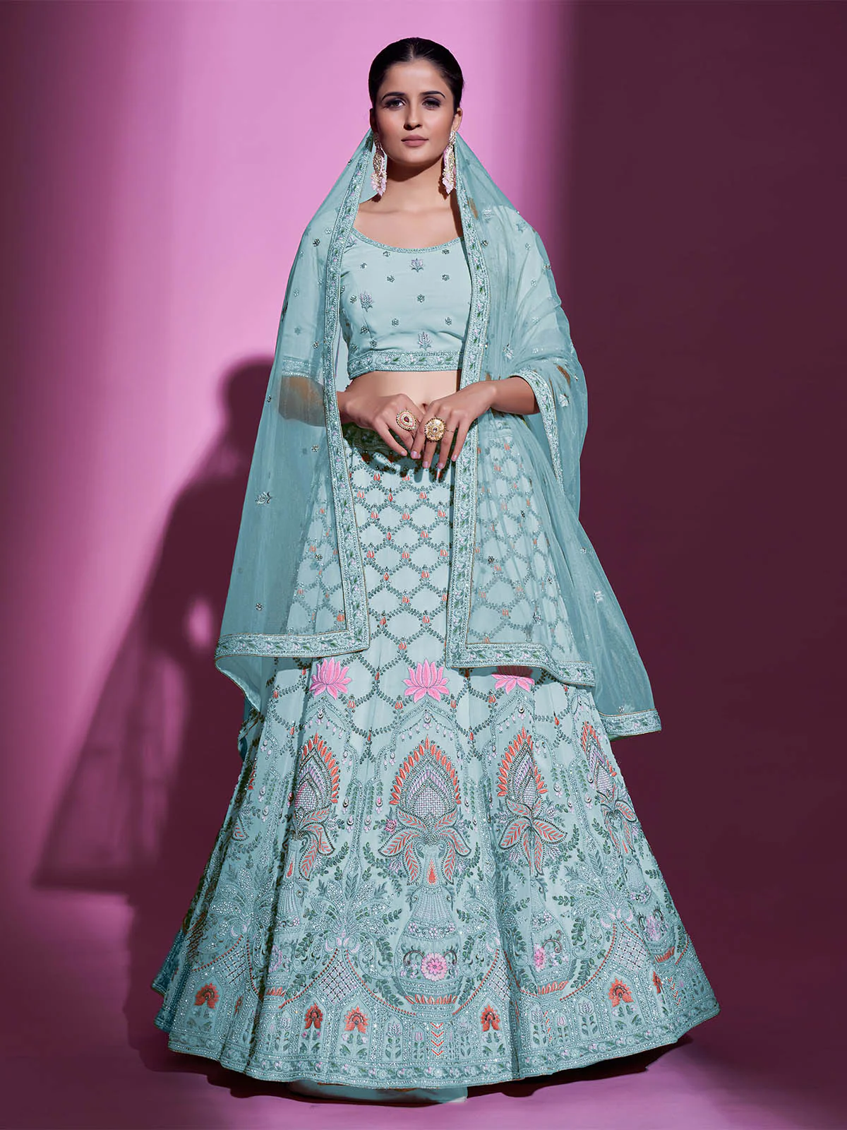 Odette Women Blue Georgette Embroidered Semi Stitched Lehenga With Unstitched Blouse - Image 3