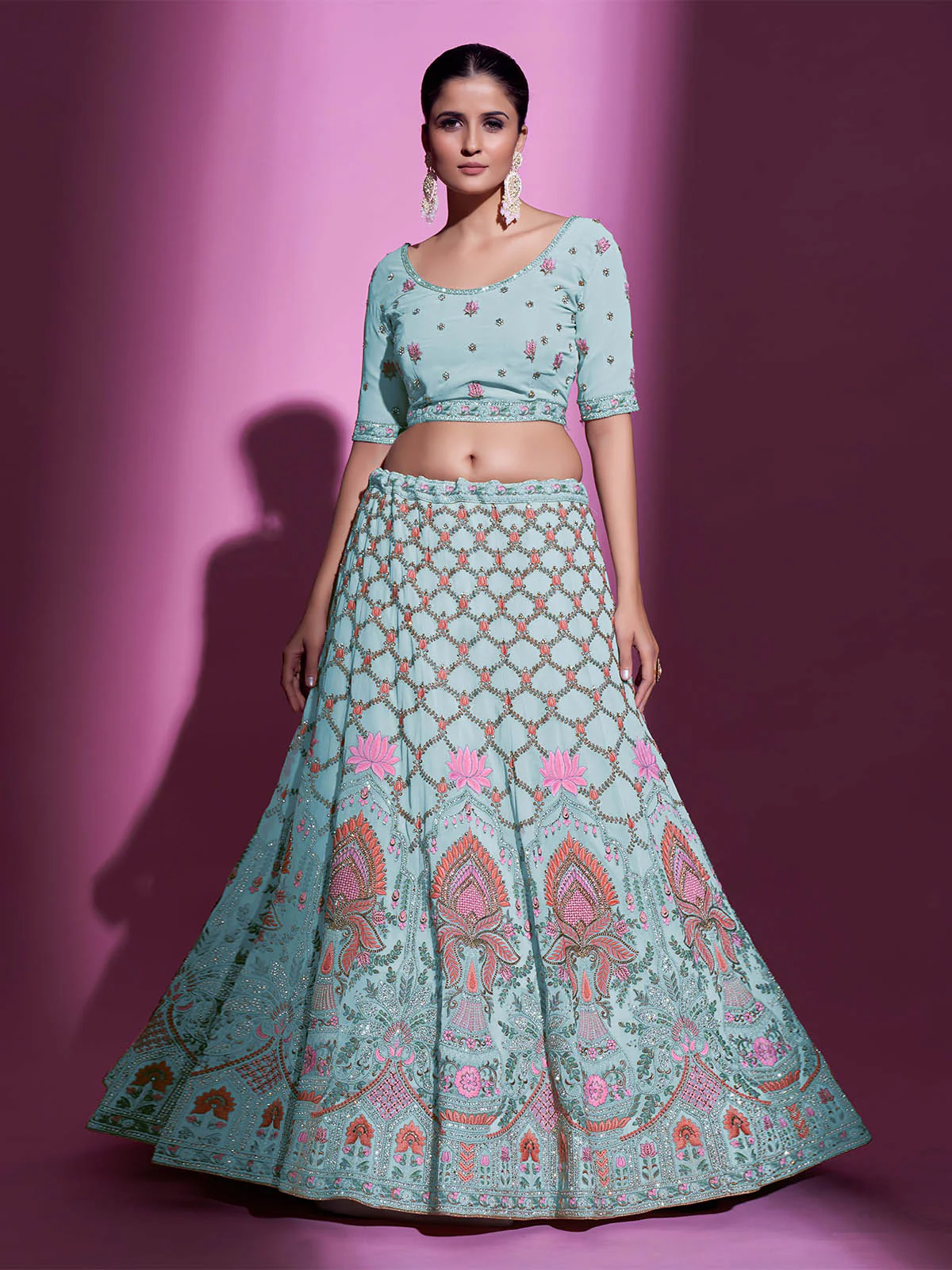 Odette Women Blue Georgette Embroidered Semi Stitched Lehenga With Unstitched Blouse - Image 4