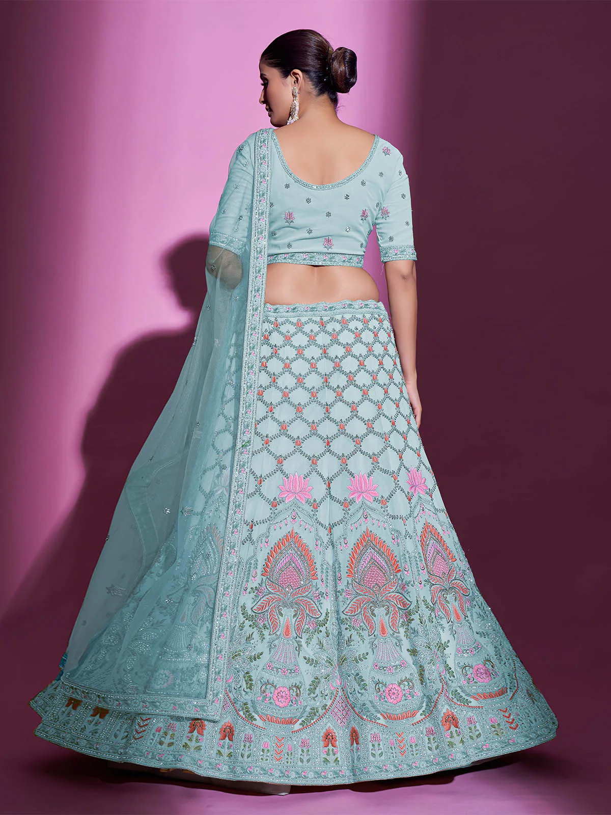 Odette Women Blue Georgette Embroidered Semi Stitched Lehenga With Unstitched Blouse - Image 5