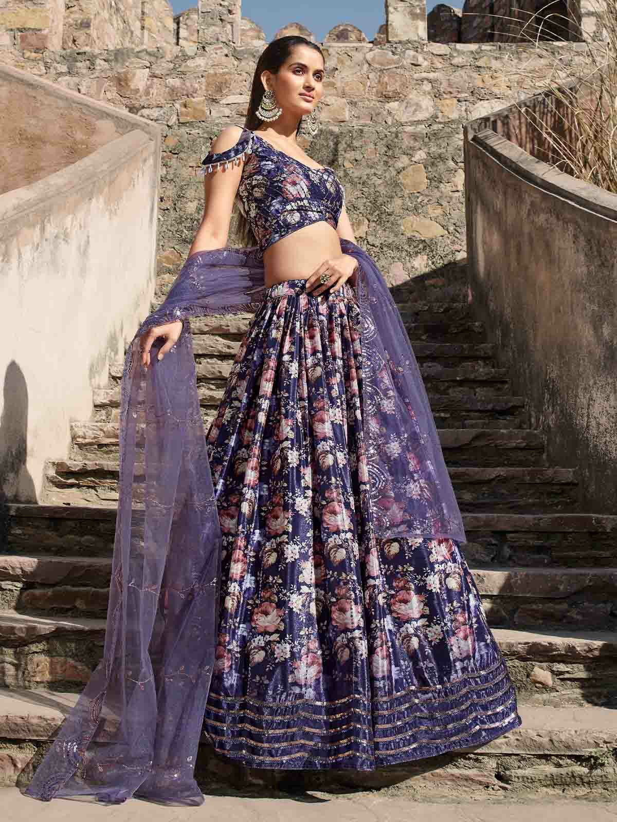 Odette Women Blue Georgette Embroidered Semi Stitched Lehenga With Unstitched Blouse - Image 2