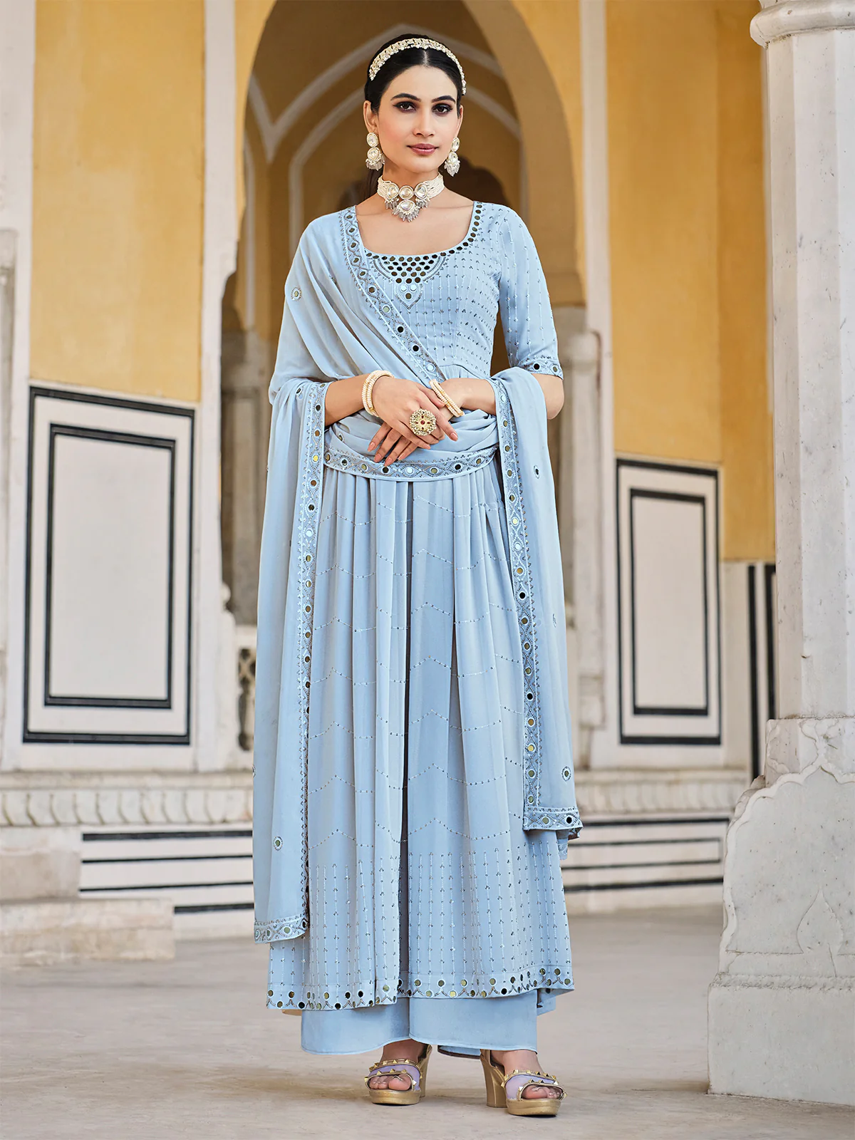 Odette Women Blue Georgette Embroidered Semi Stitched Salwar Suit