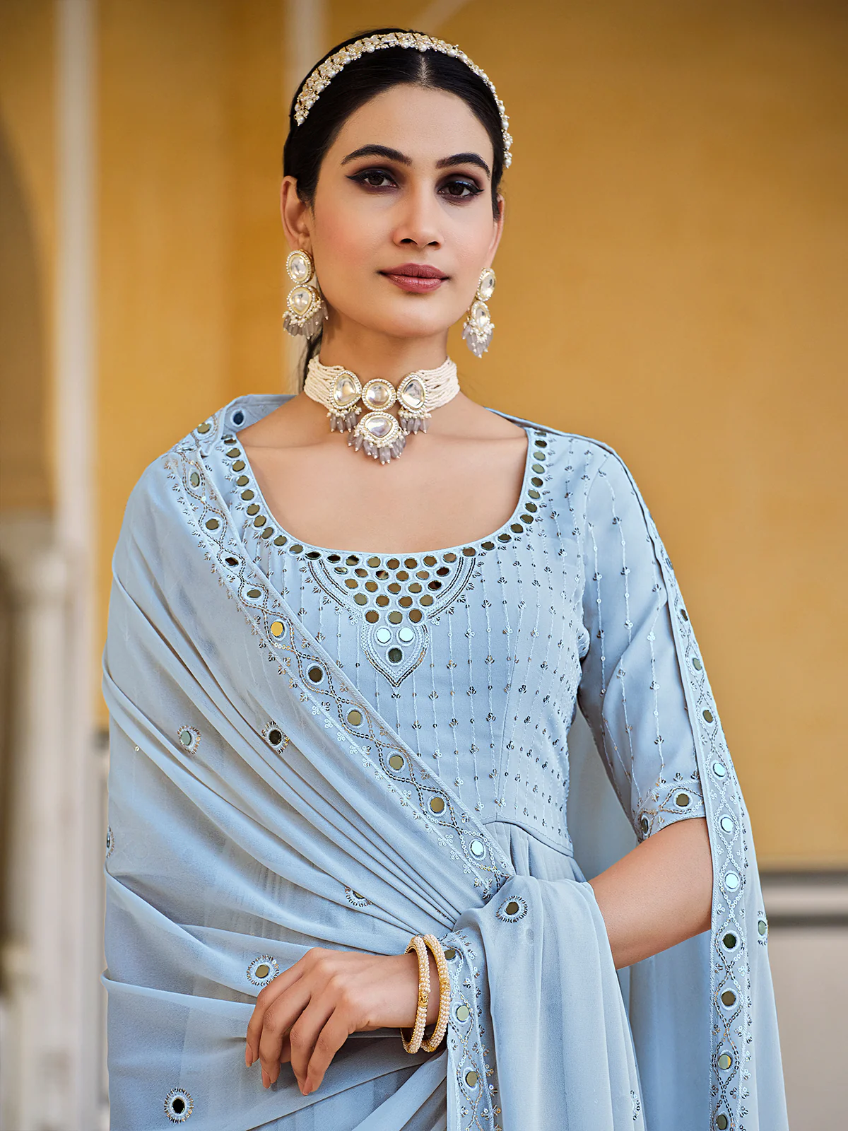 Odette Women Blue Georgette Embroidered Semi Stitched Salwar Suit - Image 4