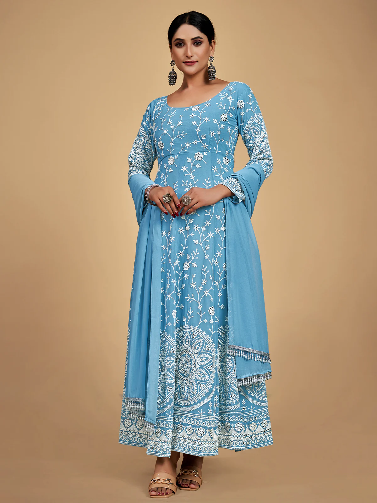 Odette Women Blue Georgette Embroidered Stitched Kurta Set