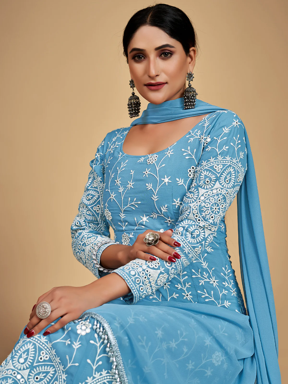 Odette Women Blue Georgette Embroidered Stitched Kurta Set - Image 3