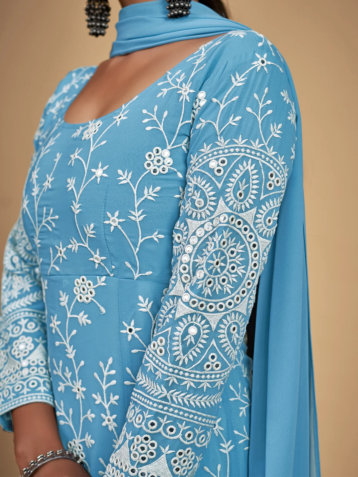 Odette Women Blue Georgette Embroidered Stitched Kurta Set - Image 5