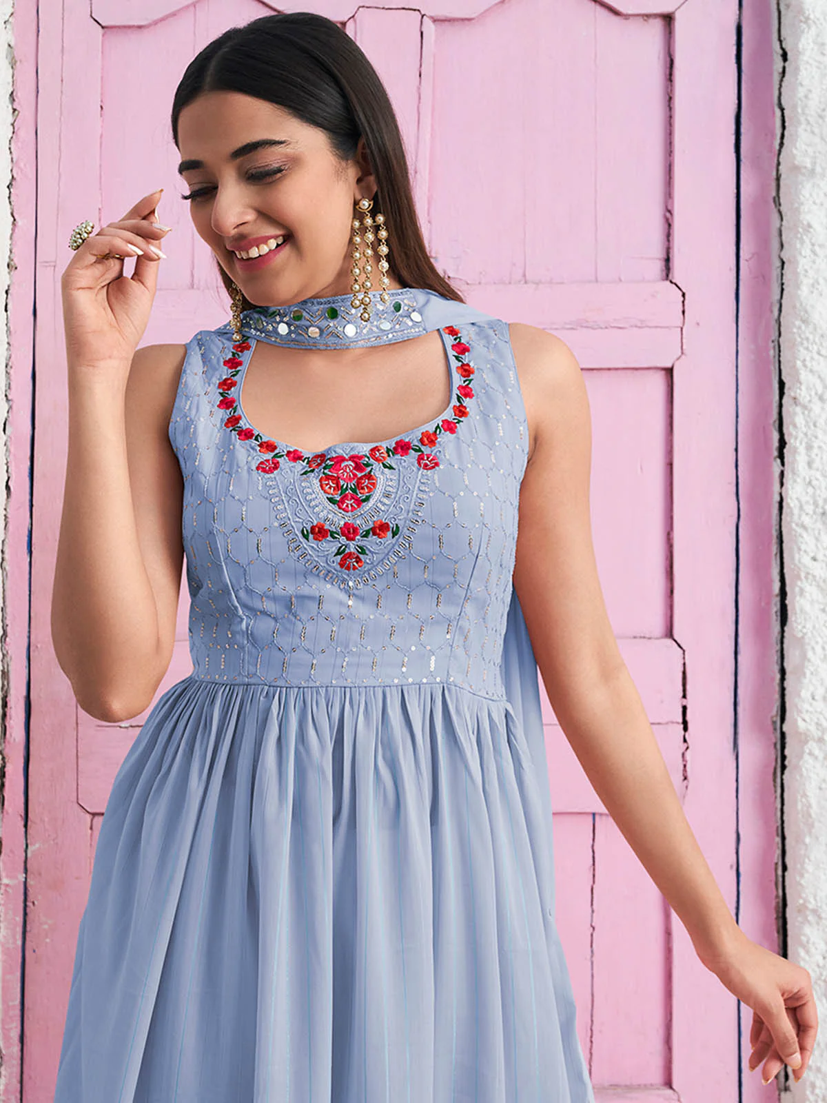 Odette Women Blue Georgette Embroidered Stitched  Salwar Suit - Image 3