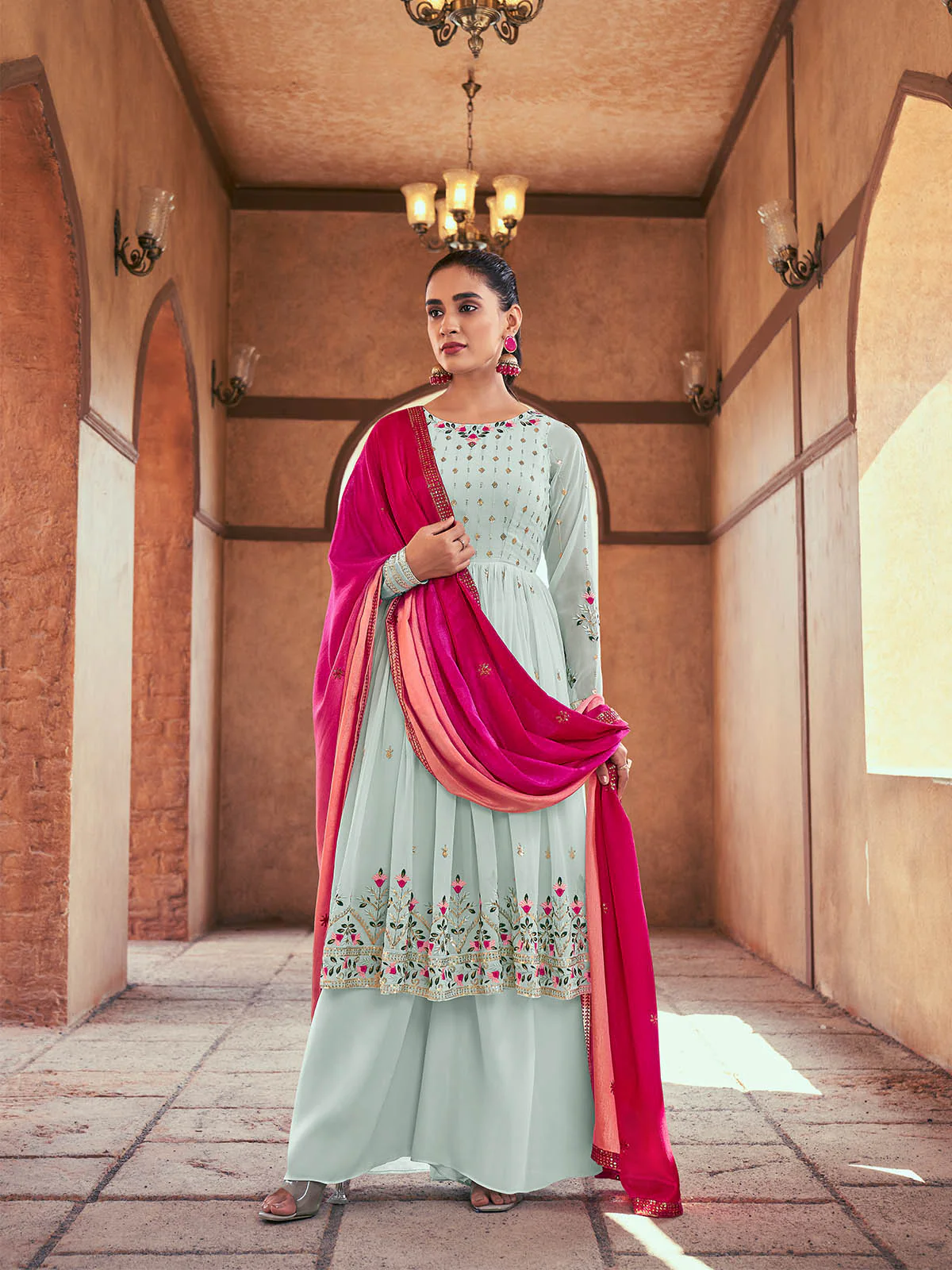 Odette Women Blue Georgette Semi Stitched Palazzo Suit