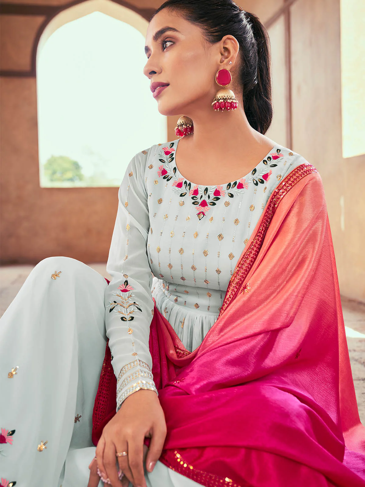 Odette Women Blue Georgette Semi Stitched Palazzo Suit - Image 4