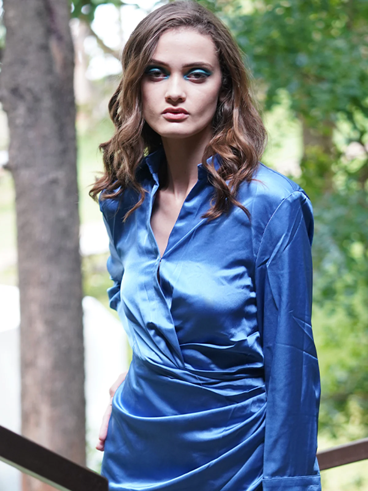 Odette Women Blue Heavy Satin Solid Shirt Stitched Dress - Image 5