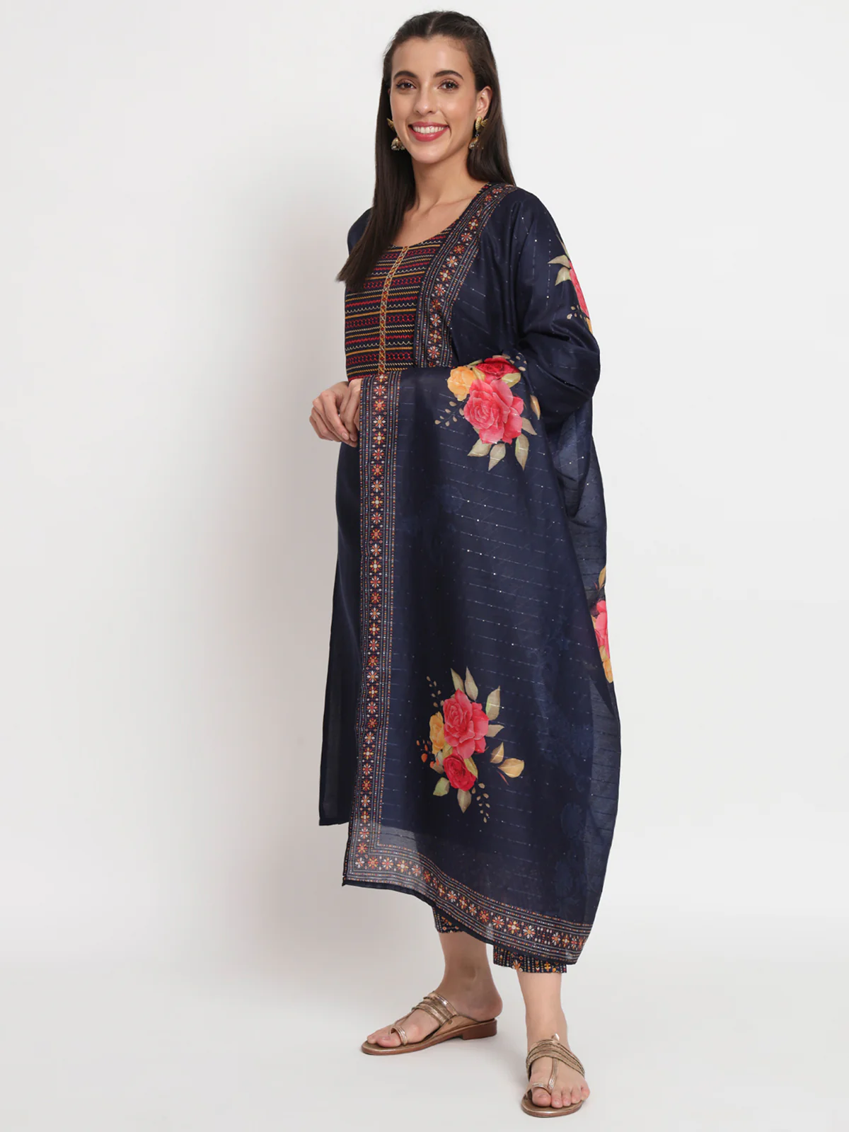Odette Women Blue Cotton Blend Embroidered Stitched Kurta Set - Image 2