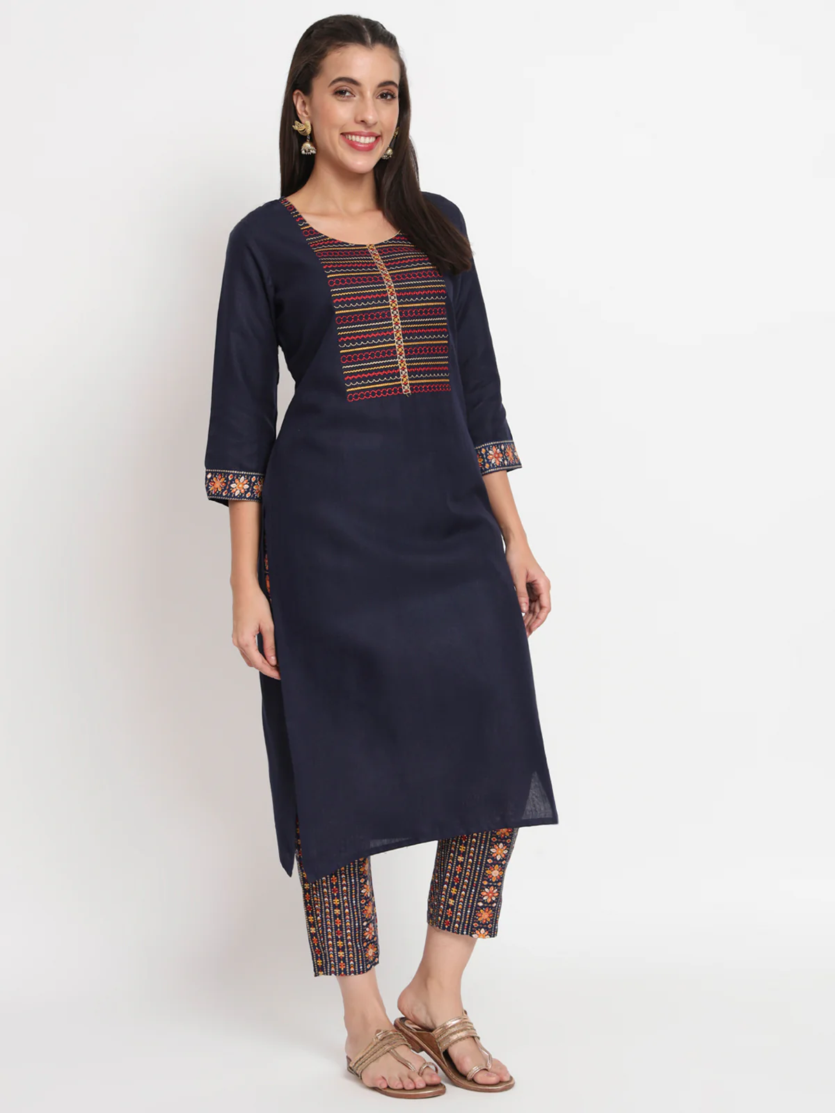Odette Women Blue Cotton Blend Embroidered Stitched Kurta Set - Image 3
