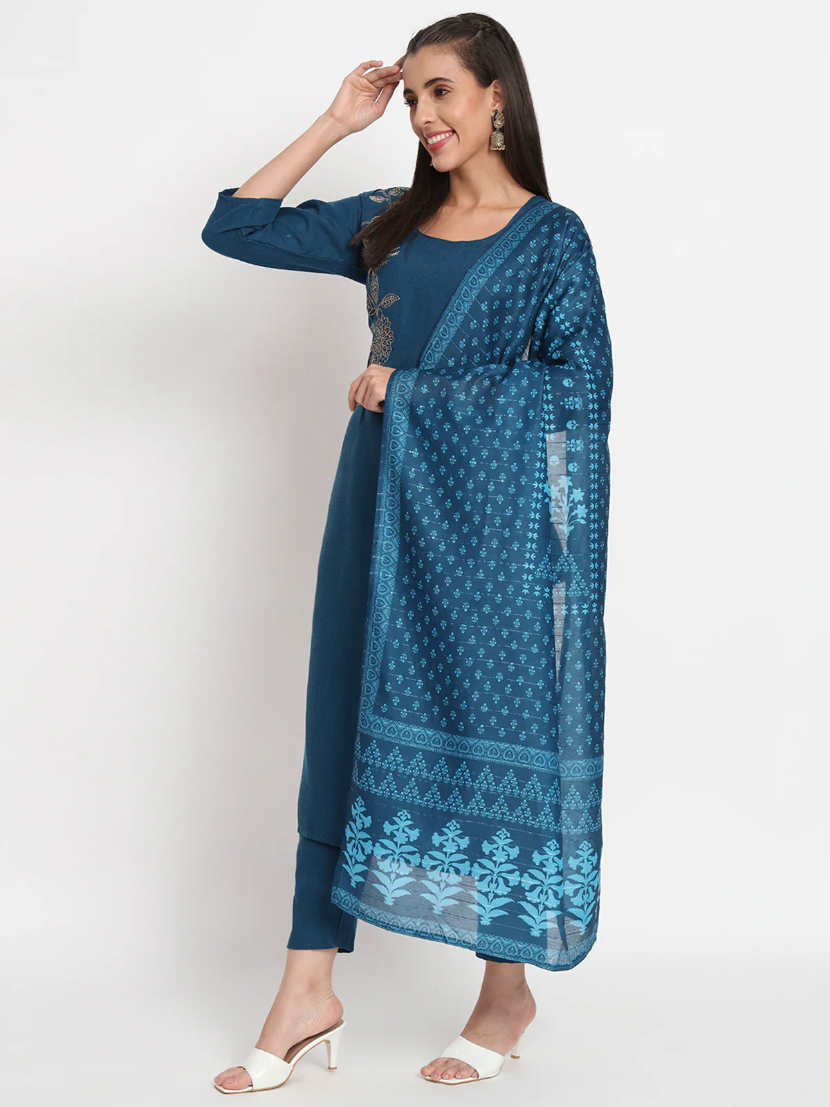 Odette Women Blue Cotton Blend Embroidered Stitched Kurta Set - Image 2