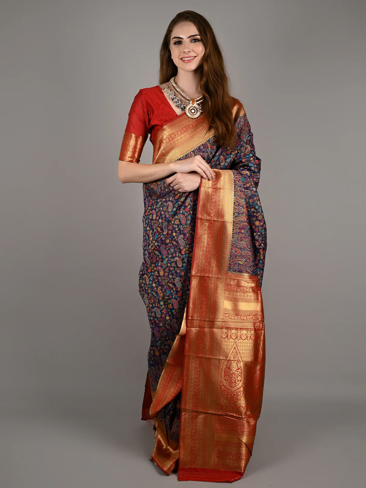 Odette Women Blue Modal Woven Saree With Unstitched Blouse