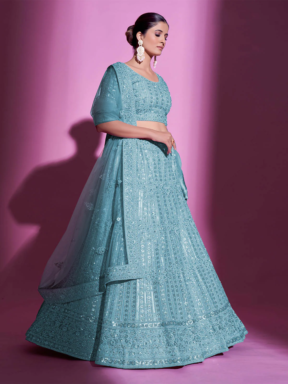 Odette Women Blue Net Embroidered Semi Stitched Lehenga With Unstitched Blouse - Image 3