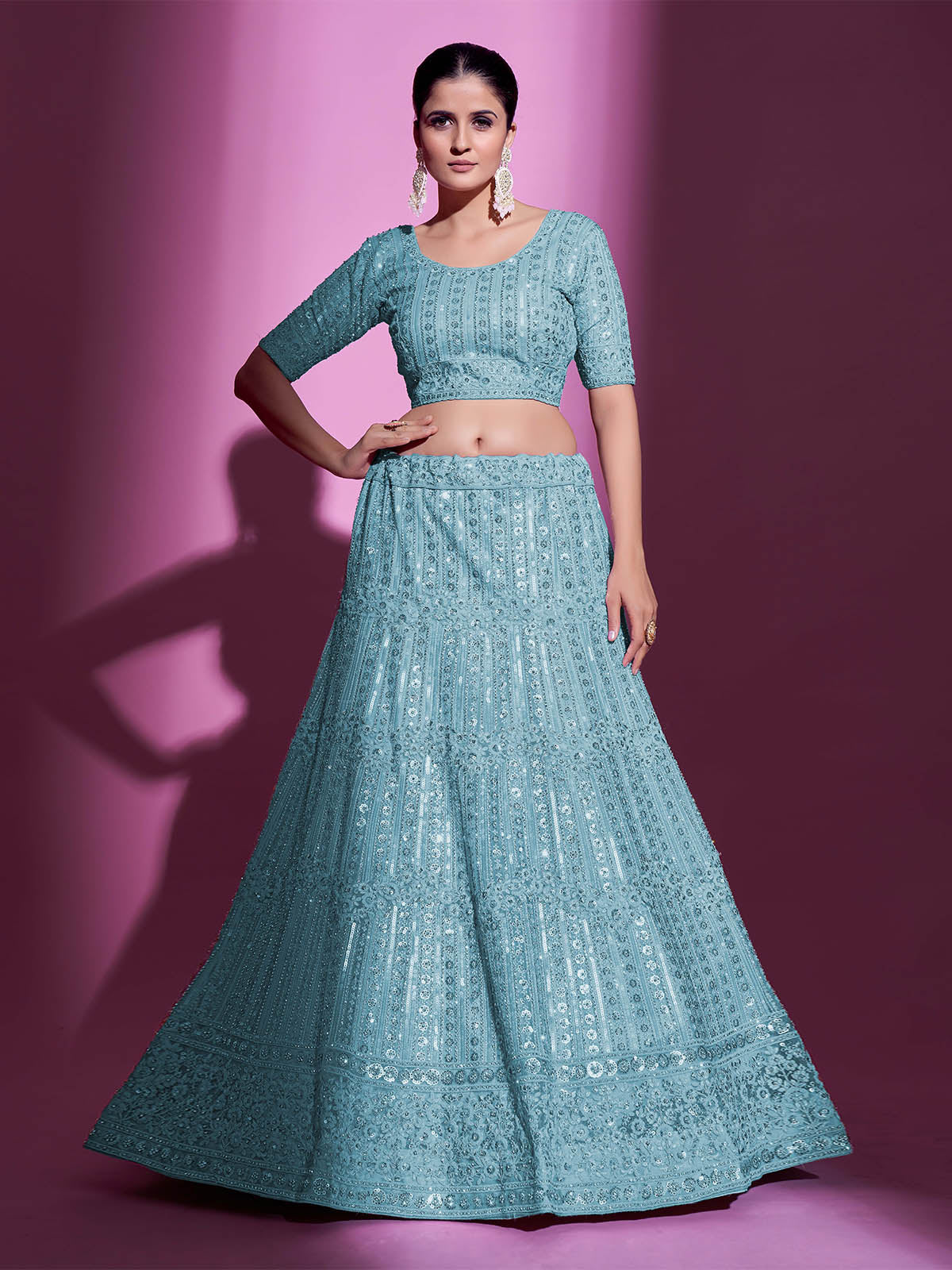 Odette Women Blue Net Embroidered Semi Stitched Lehenga With Unstitched Blouse - Image 4