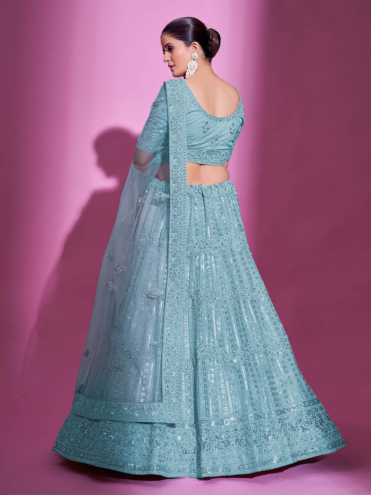 Odette Women Blue Net Embroidered Semi Stitched Lehenga With Unstitched Blouse - Image 5