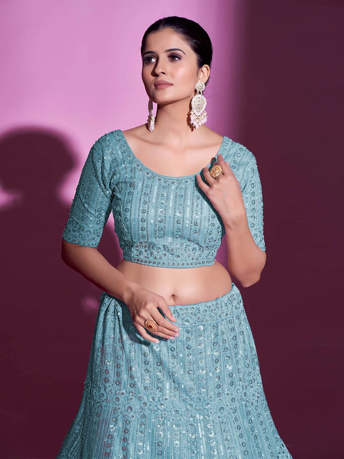 Odette Women Blue Net Embroidered Semi Stitched Lehenga With Unstitched Blouse - Image 6
