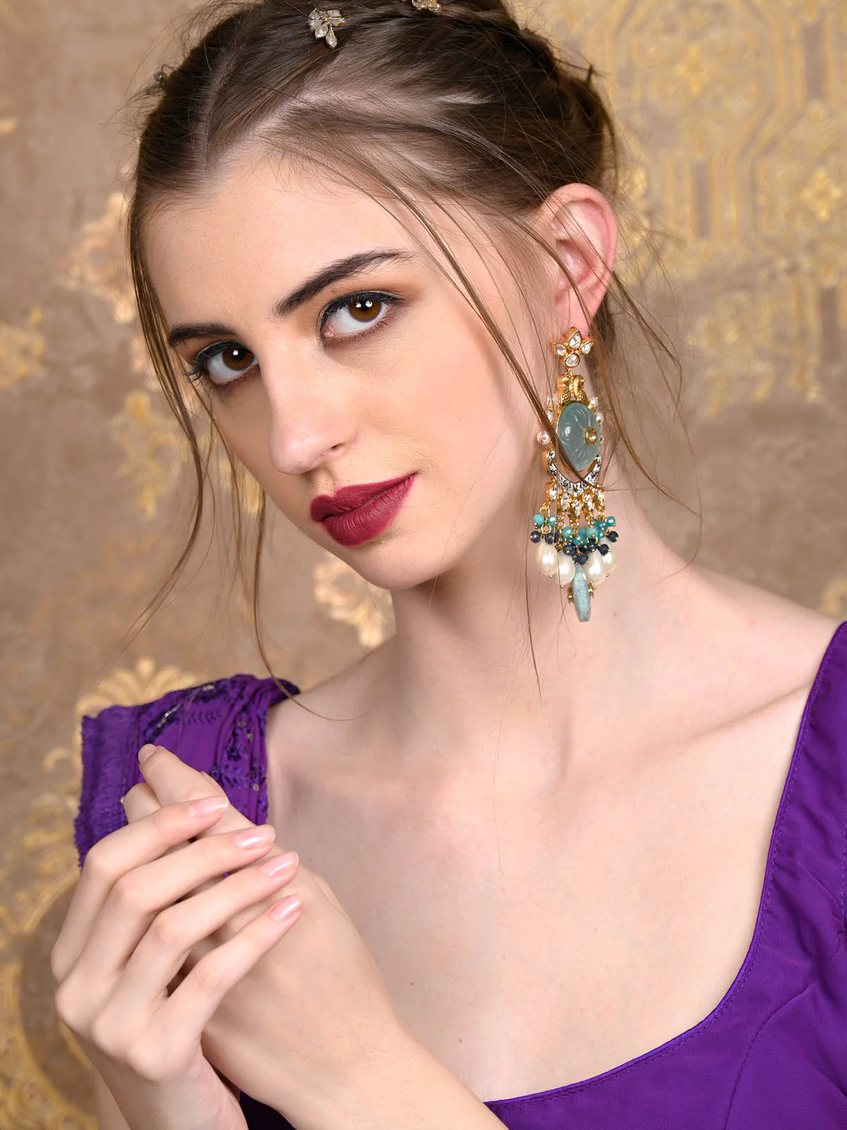 Odette Women Blue Peacock Dangler Earrings