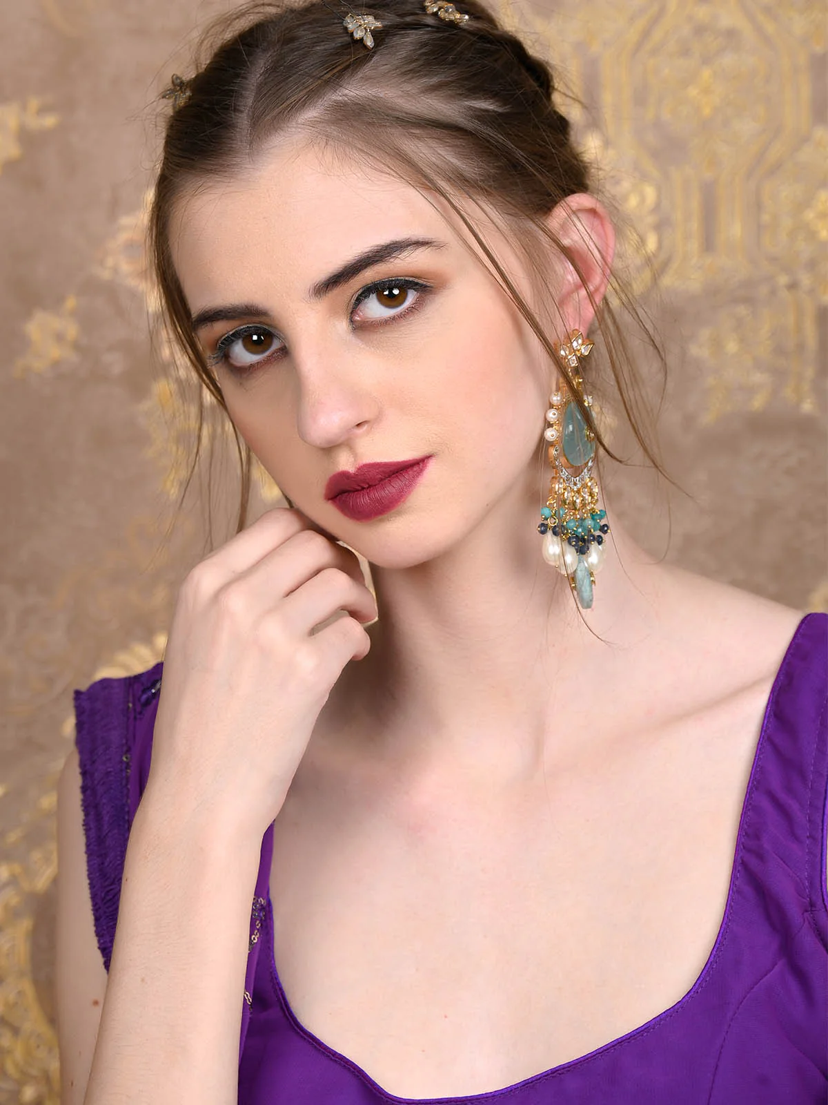 Odette Women Blue Peacock Dangler Earrings - Image 2