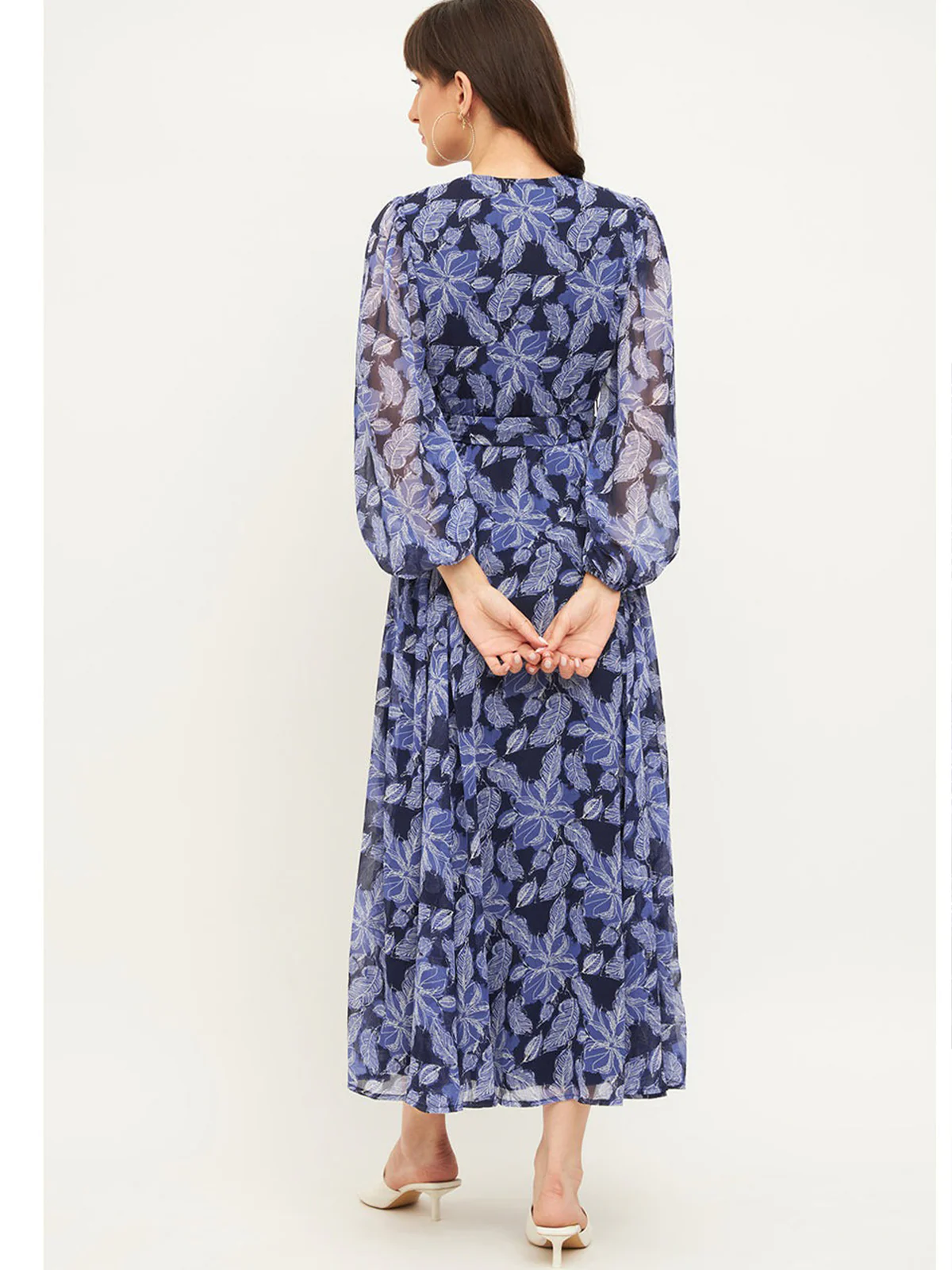 Odette Blue Rayon Stitched Printed Indo Western Dress For Women - Image 4