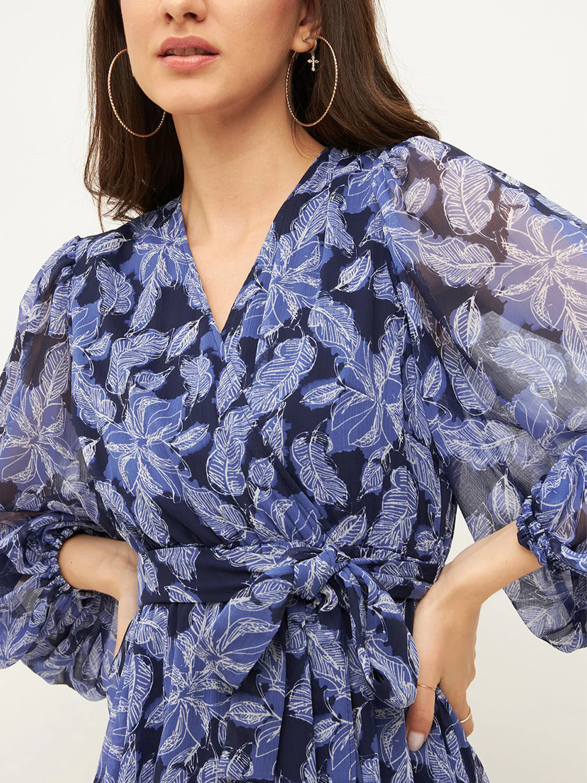 Odette Blue Rayon Stitched Printed Indo Western Dress For Women - Image 5