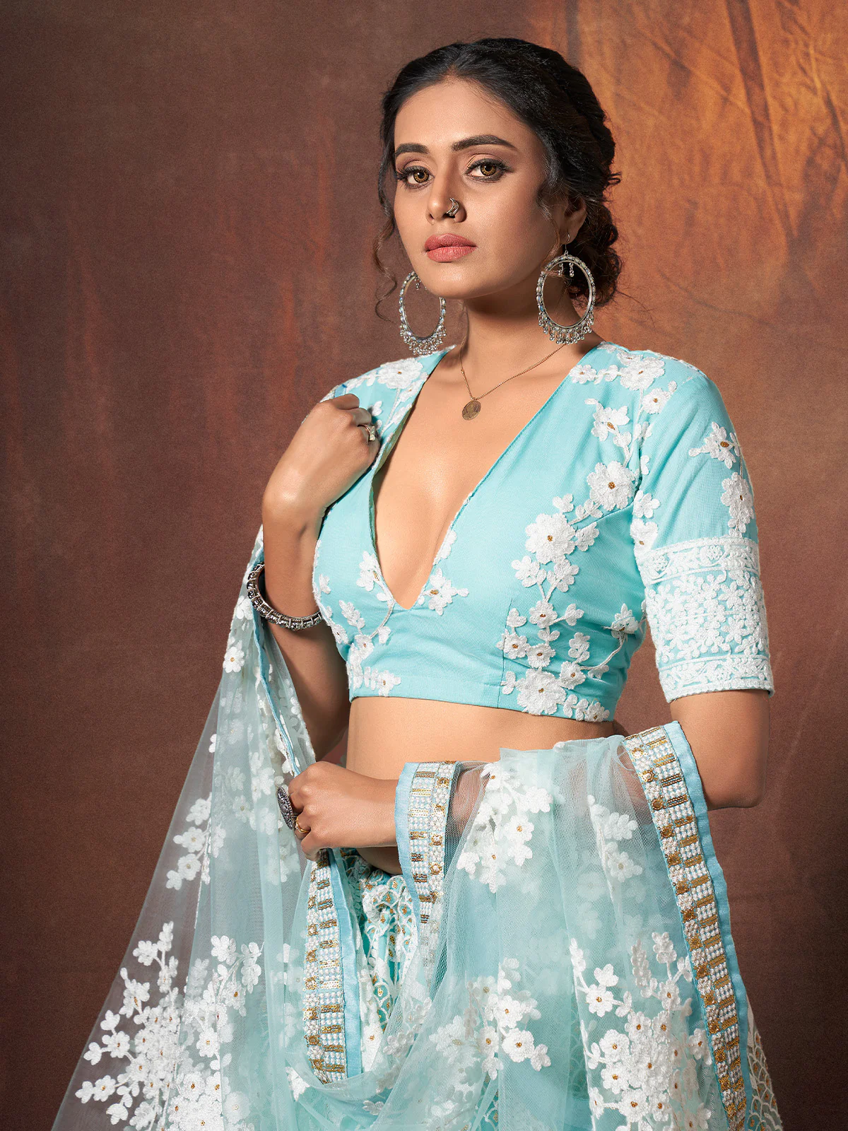 Odette Women Blue Resham, Sequins Semi Stitched Lehenga With Unstitched Blouse - Image 3