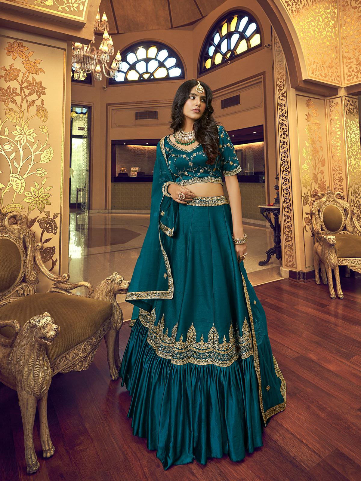 Odette Women Teal Silk And Satin Semi Stitched Lehenga With  Unstitched Blouse - Image 2