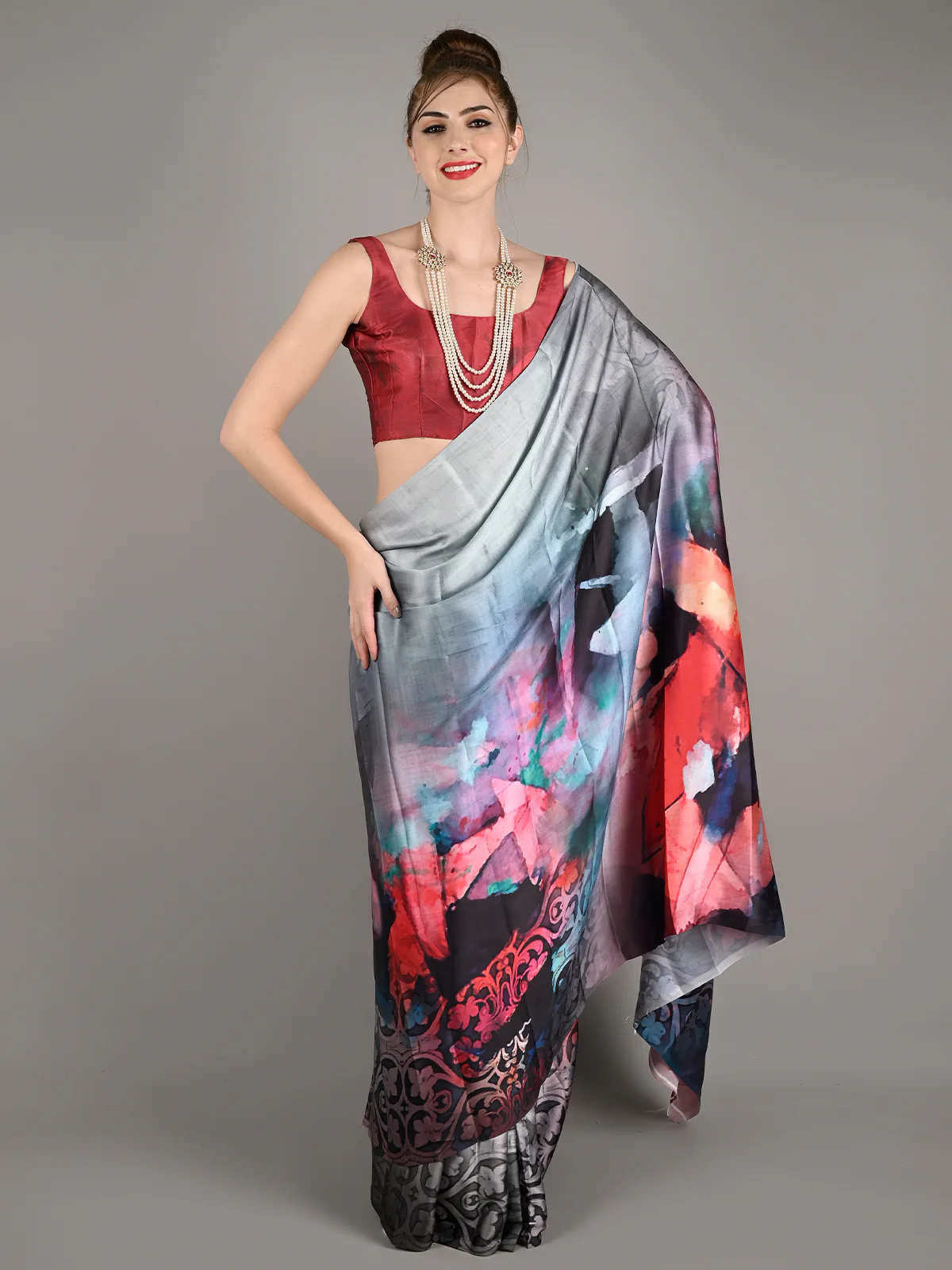 Odette Women Multicolor Silk Blend Digital Floral Print Saree With Unstitched Blouse