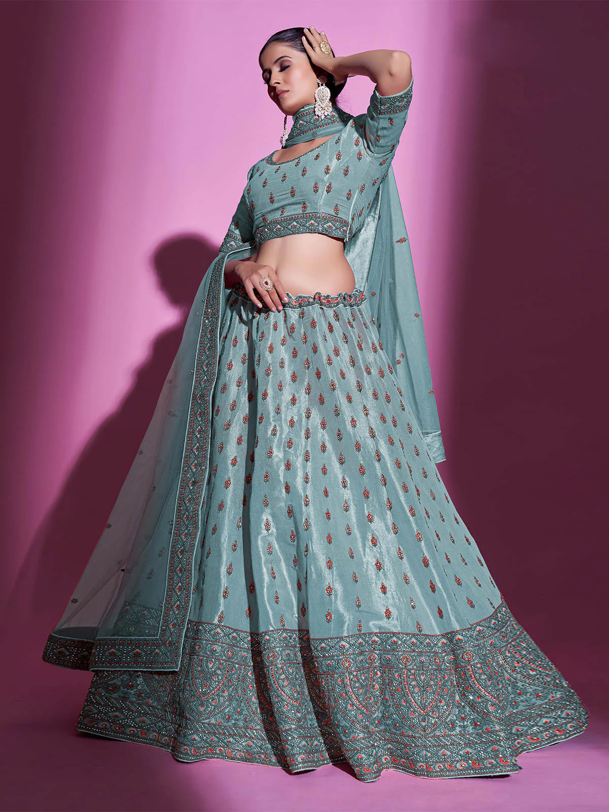 Odette Women Blue Silk Blend Embroidered Semi Stitched Lehenga With Unstitched Blouse - Image 2