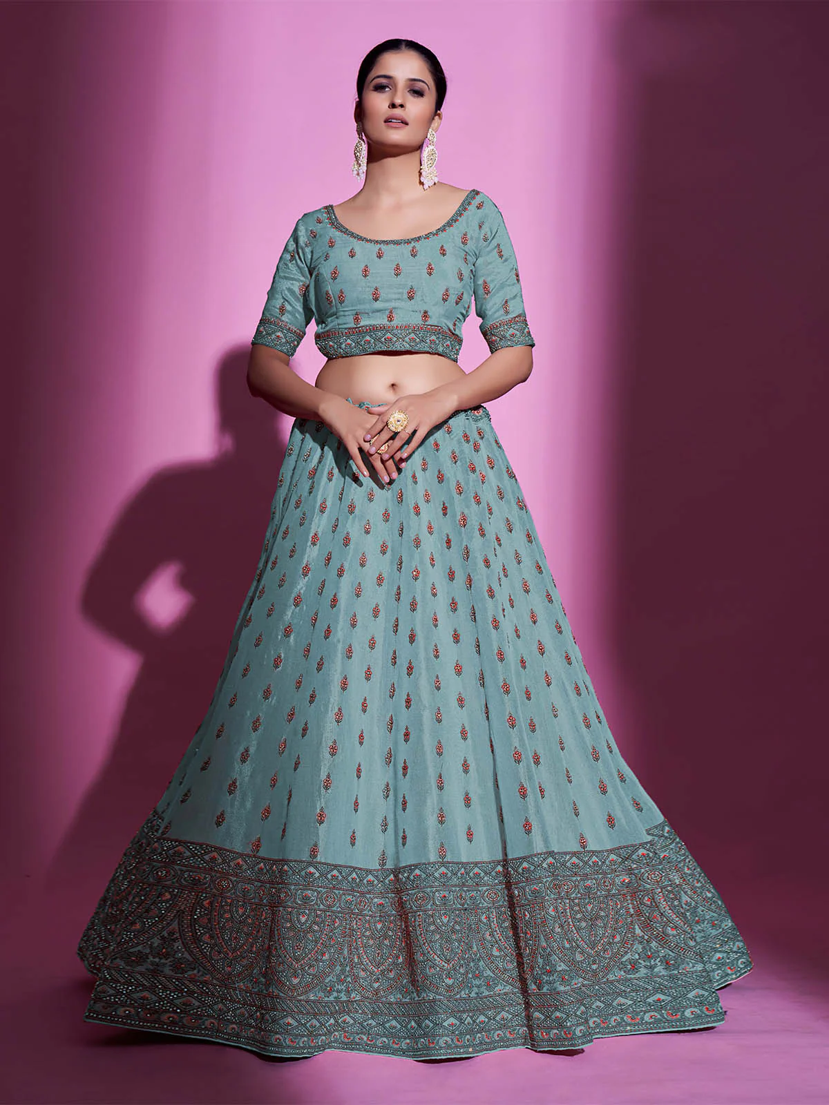 Odette Women Blue Silk Blend Embroidered Semi Stitched Lehenga With Unstitched Blouse - Image 6