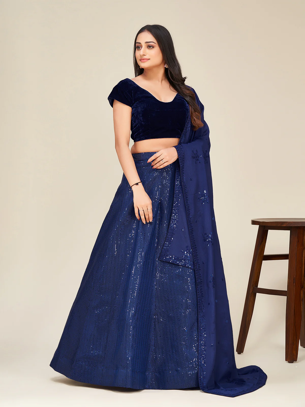 Odette Women Blue Silk Blend Semi Stitched Lehenga Set - Image 2