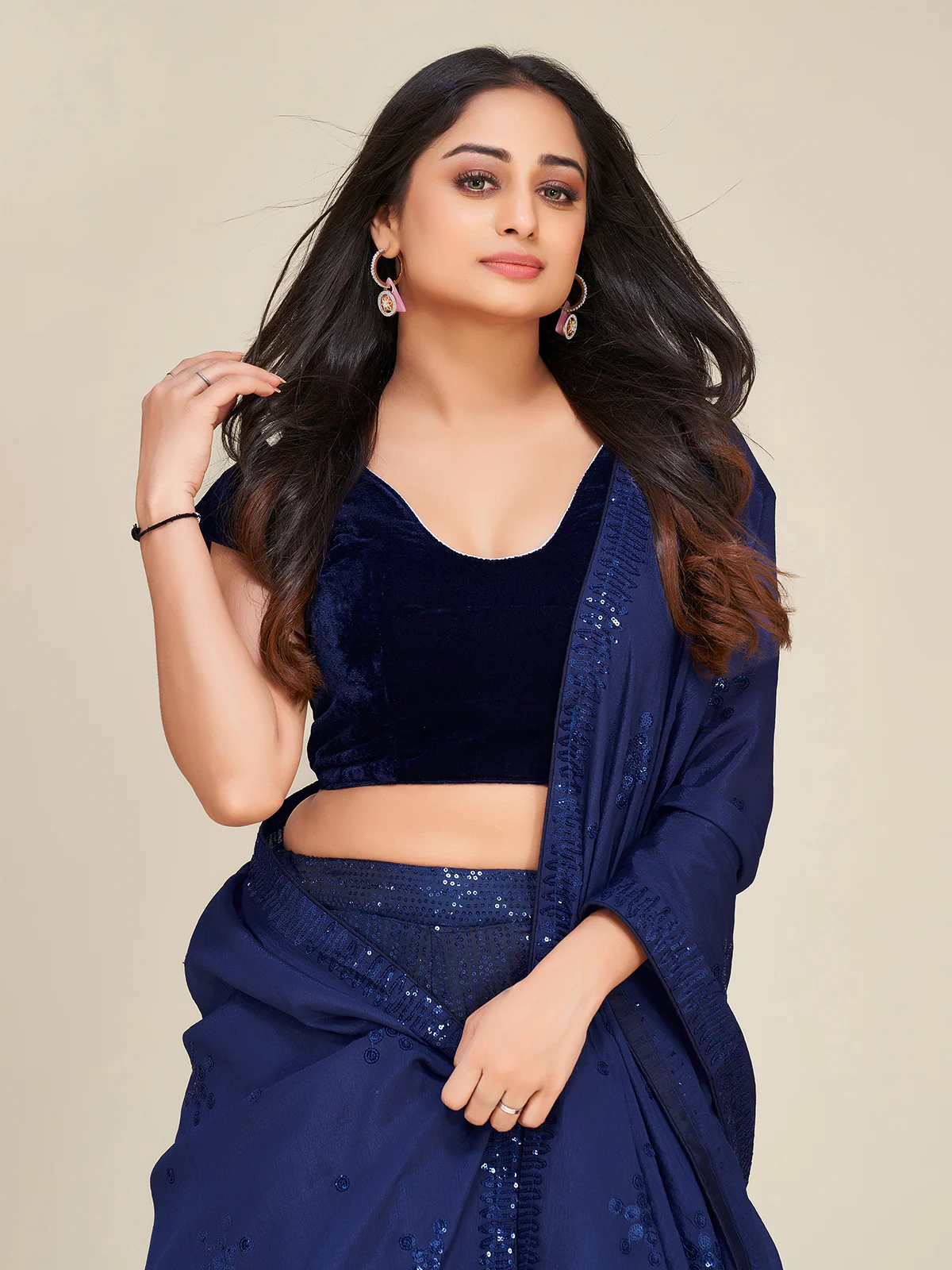 Odette Women Blue Silk Blend Semi Stitched Lehenga Set - Image 4