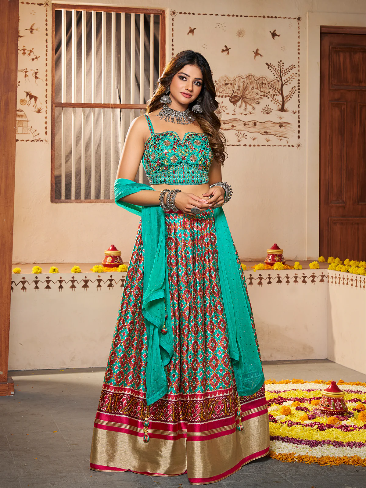Odette Women Blue Silk Printed Semi Stitched Lehenga With Unstitched Blouse - Image 2
