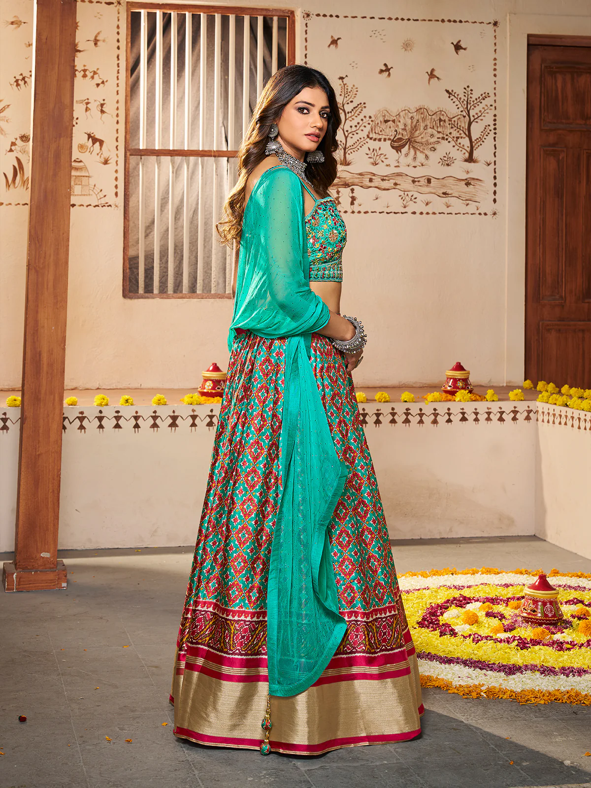 Odette Women Blue Silk Printed Semi Stitched Lehenga With Unstitched Blouse - Image 3