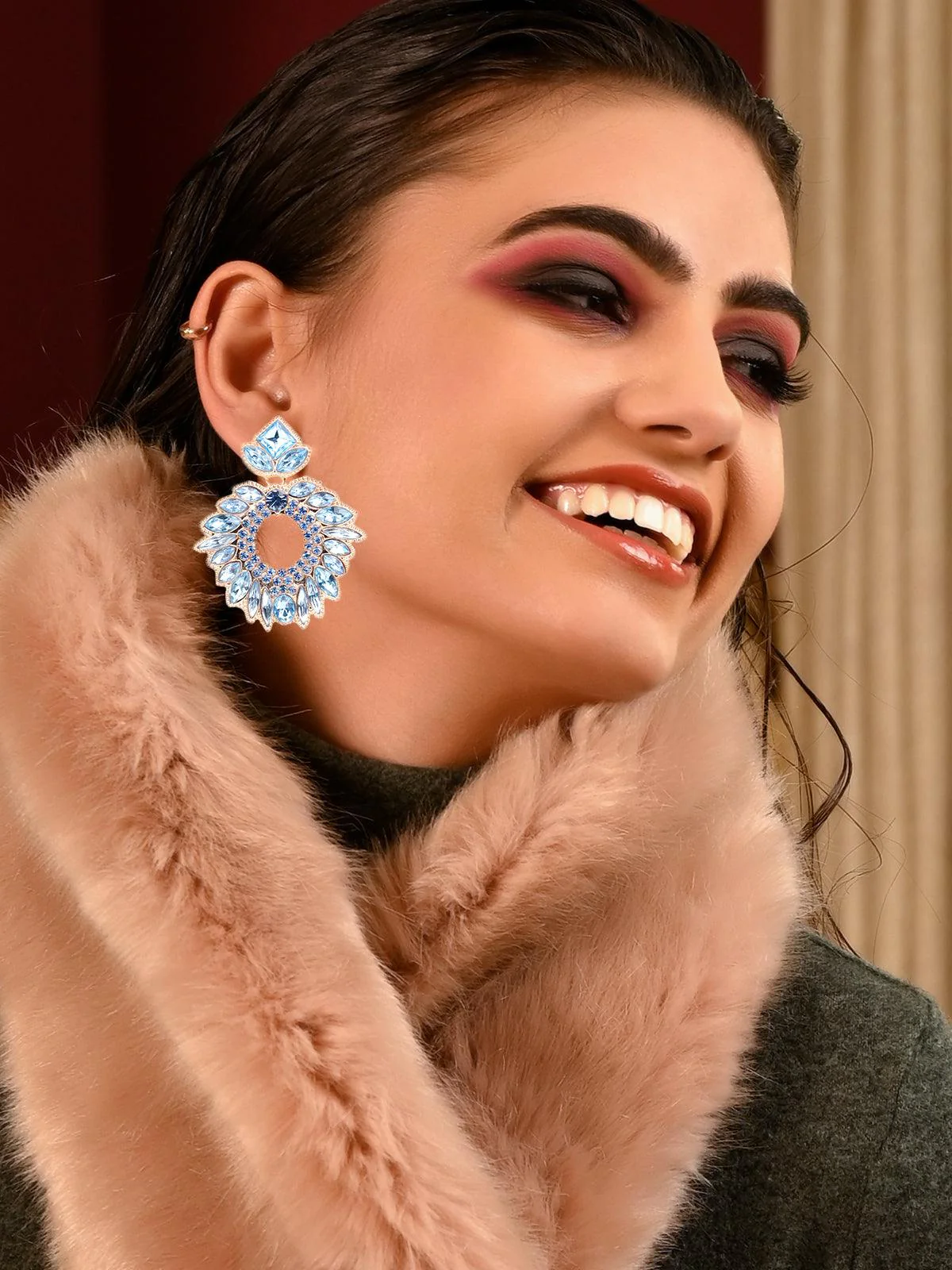 Odette Women Blue Textured Rounded Metal Earrings