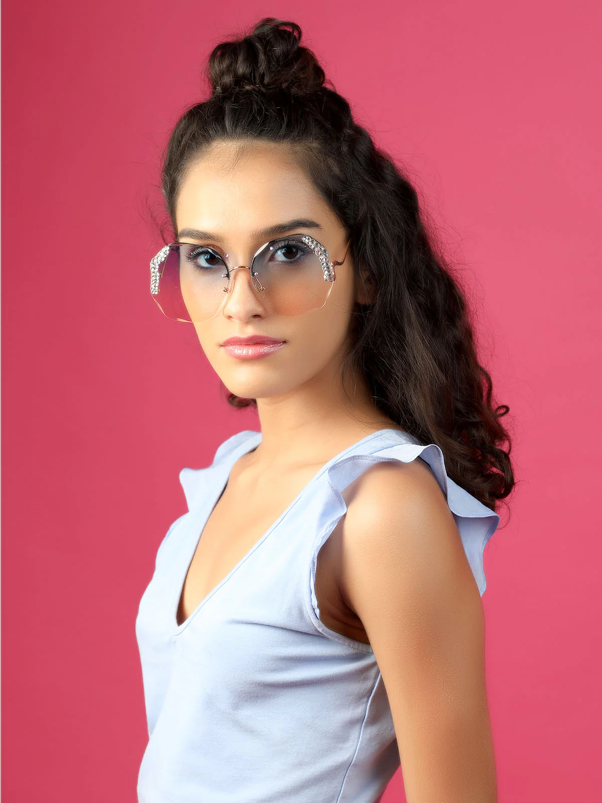Odette Women Blue Tinted Studded Sunglasses - Image 2