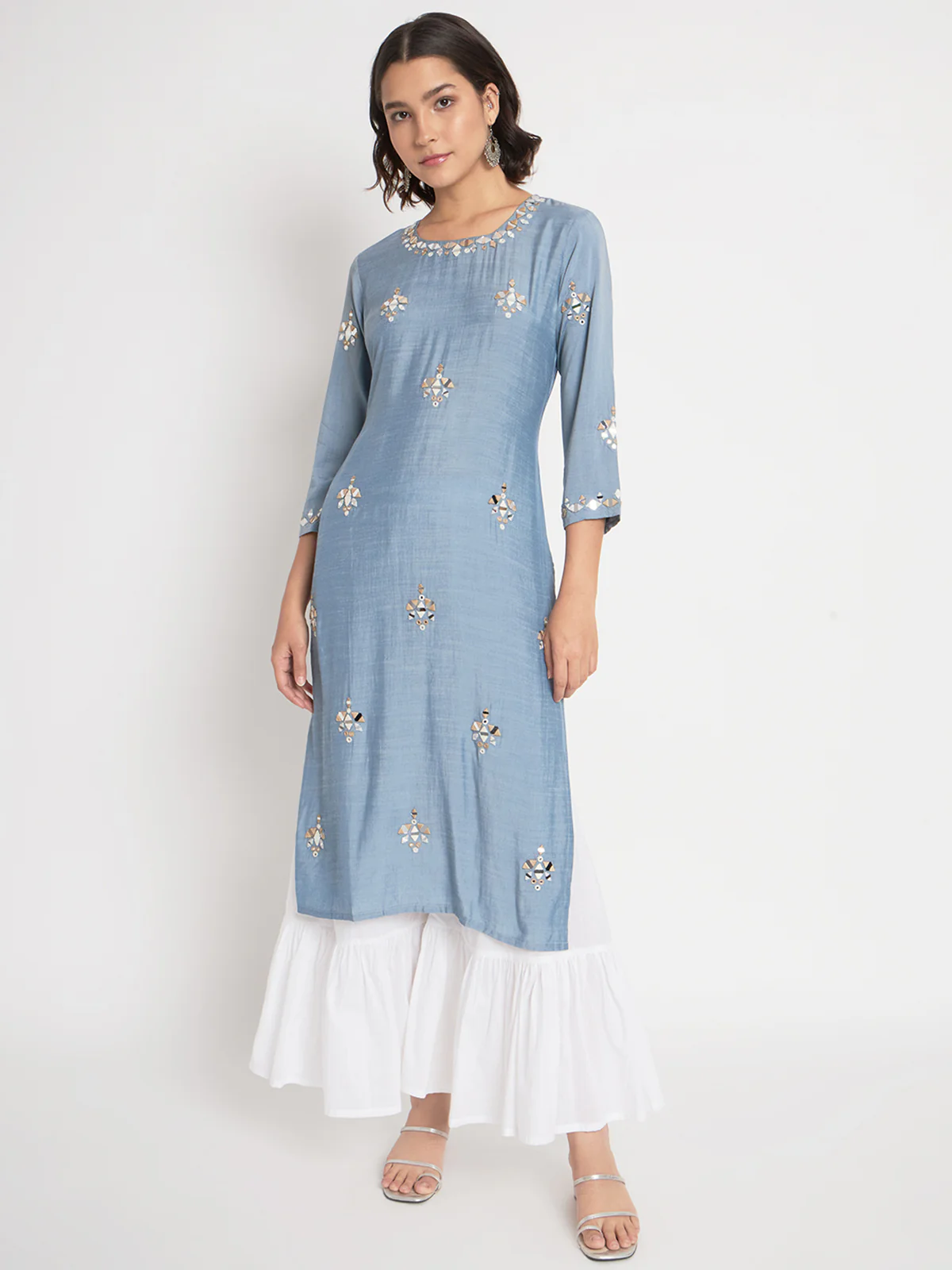 Odette Women Blue Viscose Embroidered Stitched Kurta Set - Image 2