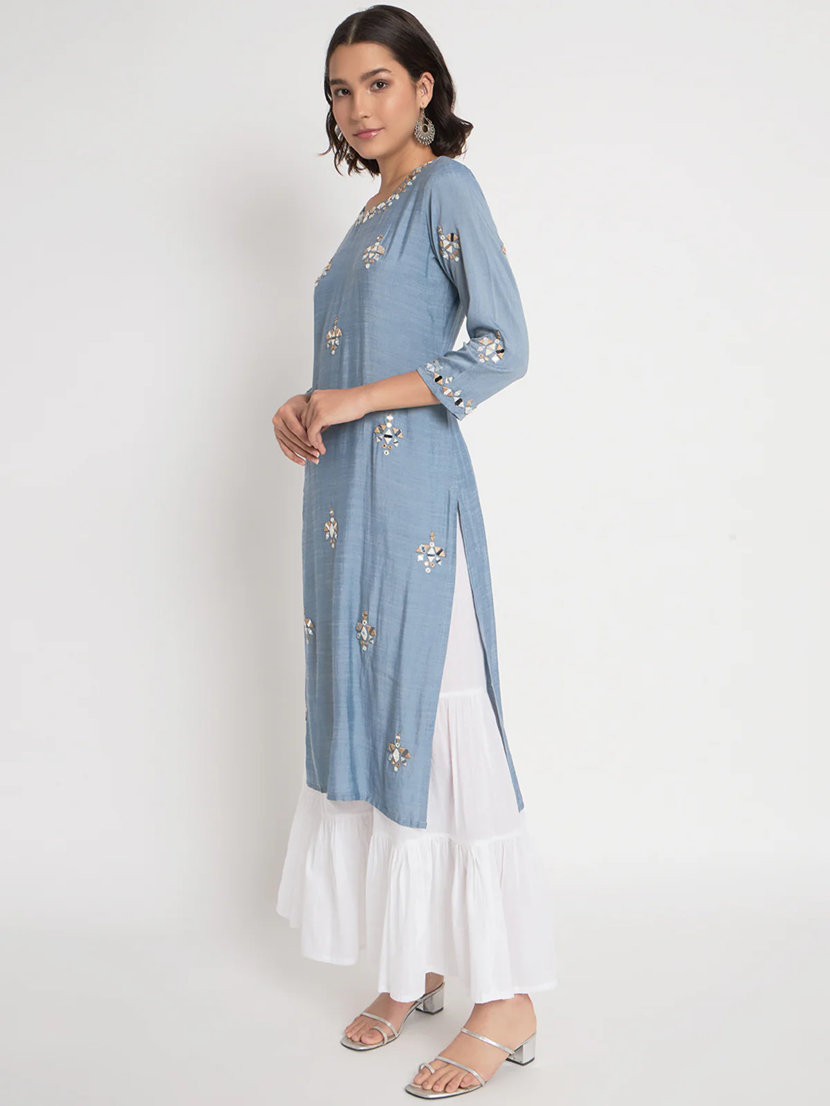 Odette Women Blue Viscose Embroidered Stitched Kurta Set - Image 3
