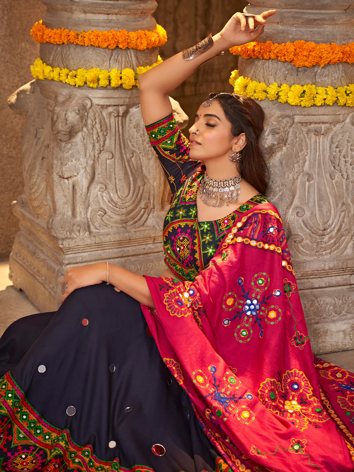 Odette Blue Viscose Rayon Embroidered Stitched Lehenga With  Unstitched Choli For Women - Image 4