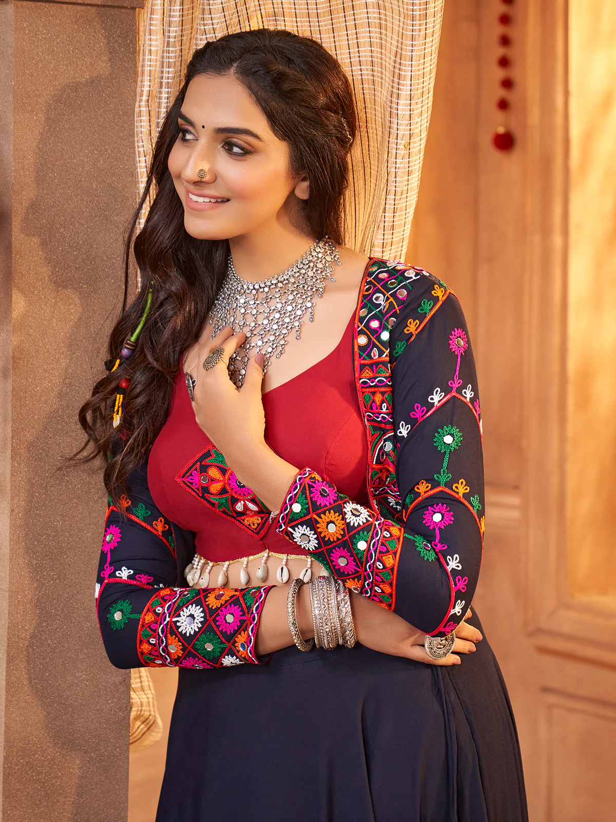 Odette Blue Viscose Rayon Embroidered Stitched Lehenga Choli For Women - Image 3