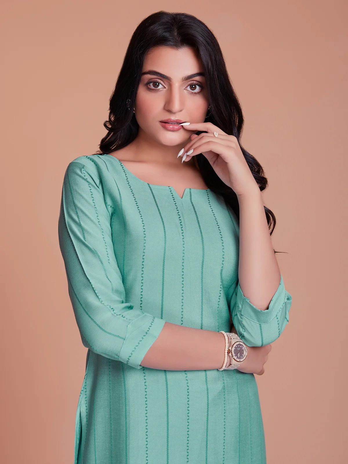 Odette Women Blue Woven Stitched Kurta Set - Image 2