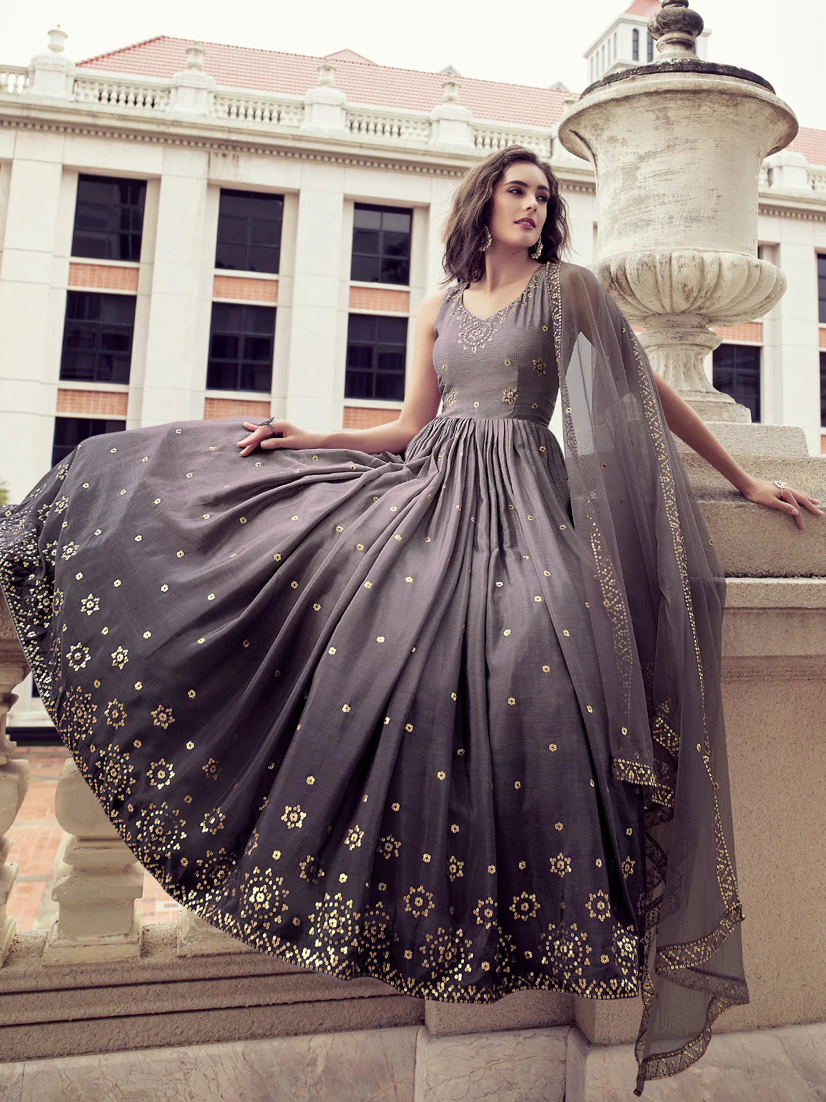 Odette Women Blush Voilet Shaded Semi Stitched Gown With Dupatta - Image 2