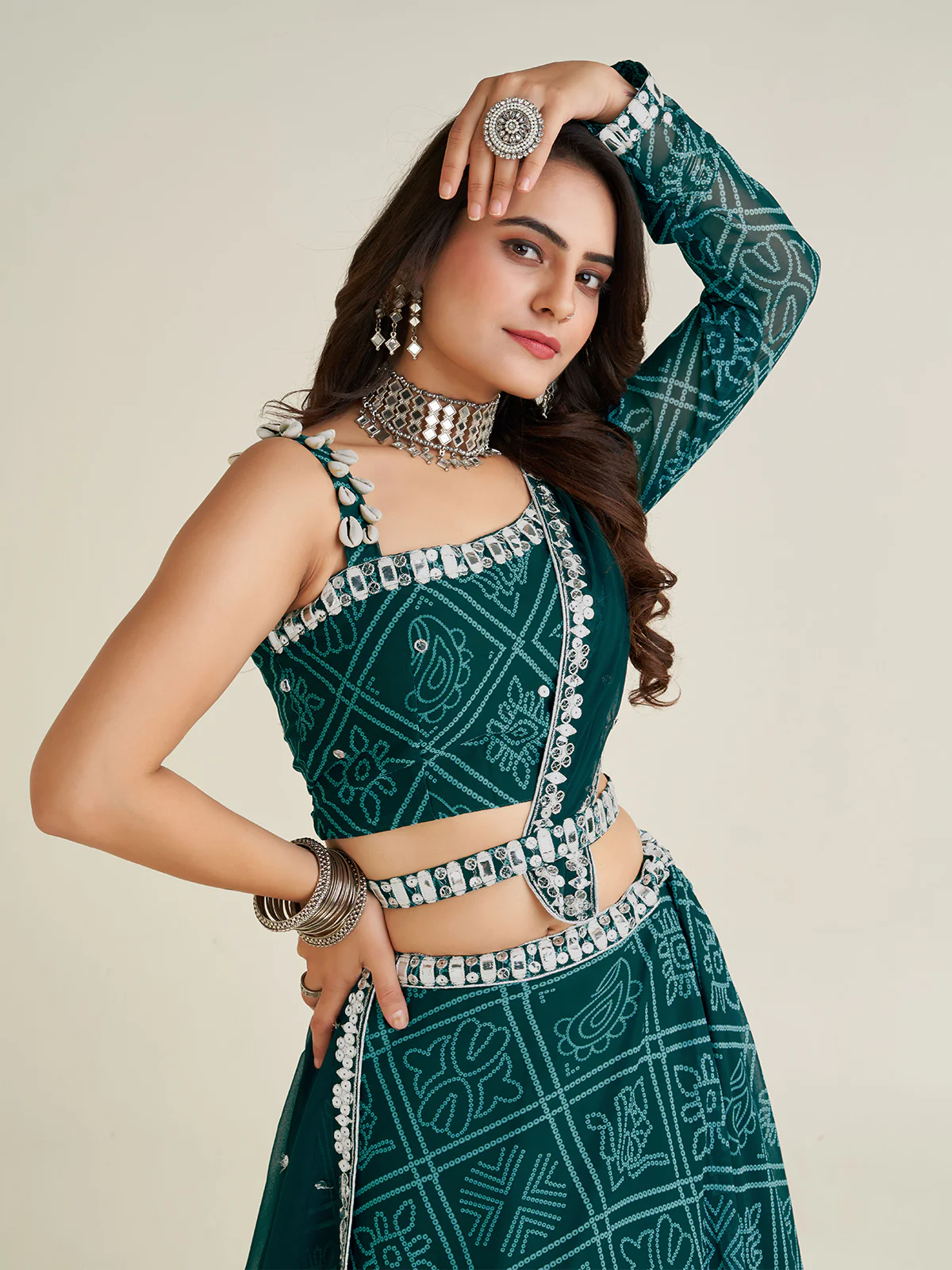 Odette Women Bottle Green Georgette Printed Semi Stitched Lehenga With Unstitched Blouse - Image 5