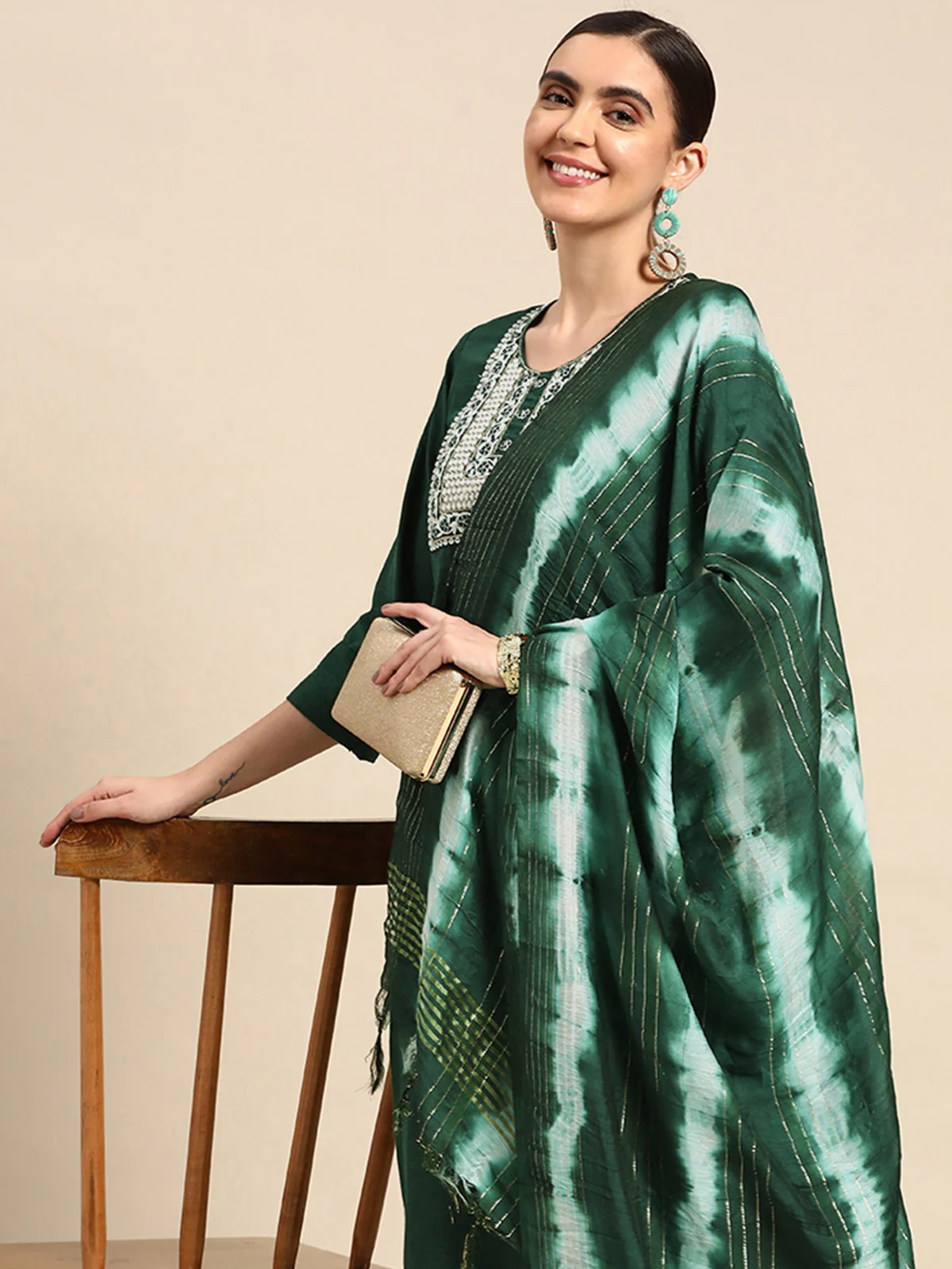 Odette Women Bottle Green Poly Cotton Embroidered Stitched Kurta With Trouser & Dupatta - Image 3